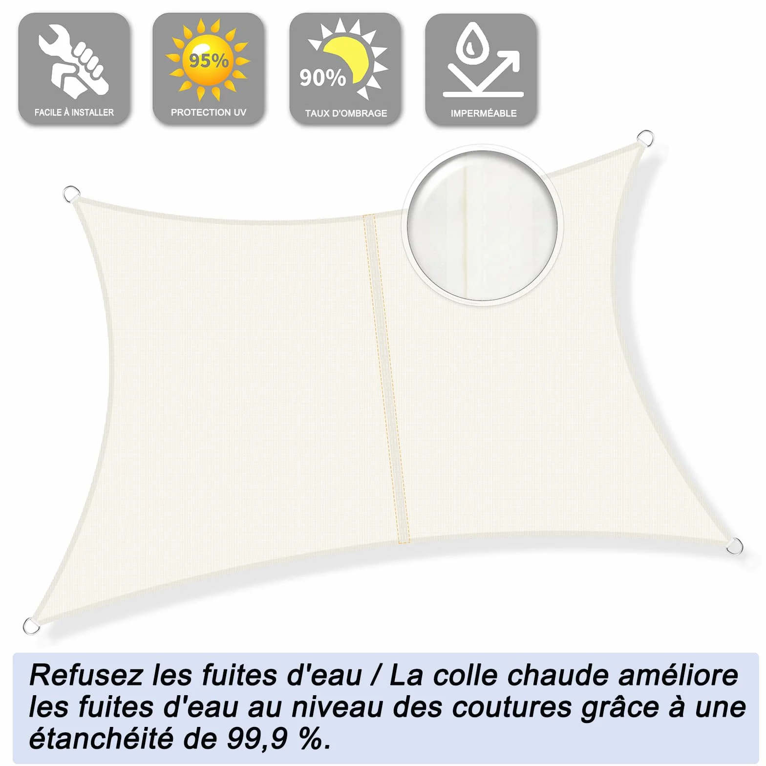 Sunnylaxx Voile d’ombrage Rectangulaire 3x4m Crème Imperméable Protection UV 95% pour Jardin Terrasse