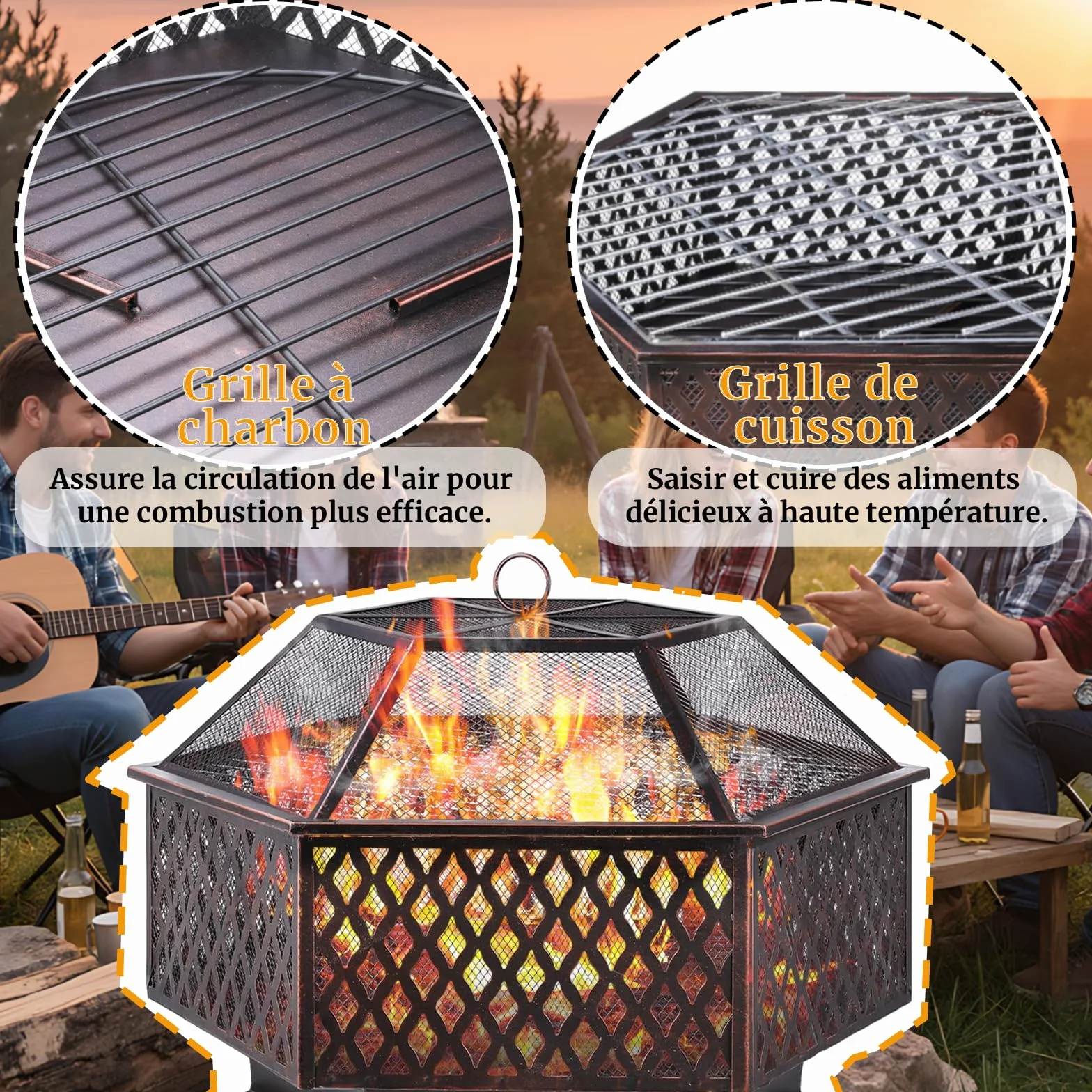 TLSUNNY Brasero Exterieur avec Grill, Foyer de Jardin, Barbecue au Charbon, 71x71x63 cm
