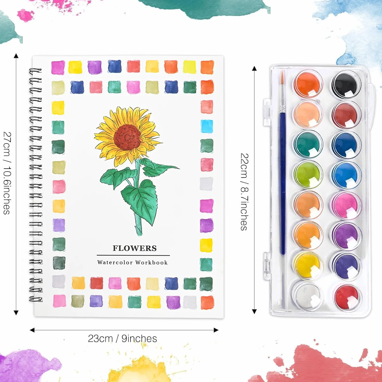 Cahier d'aquarelle pour débutants, 30 motifs fleurs animaux, 16 couleurs, 2 pinceaux, livre de peinture aquarelle adultes détente