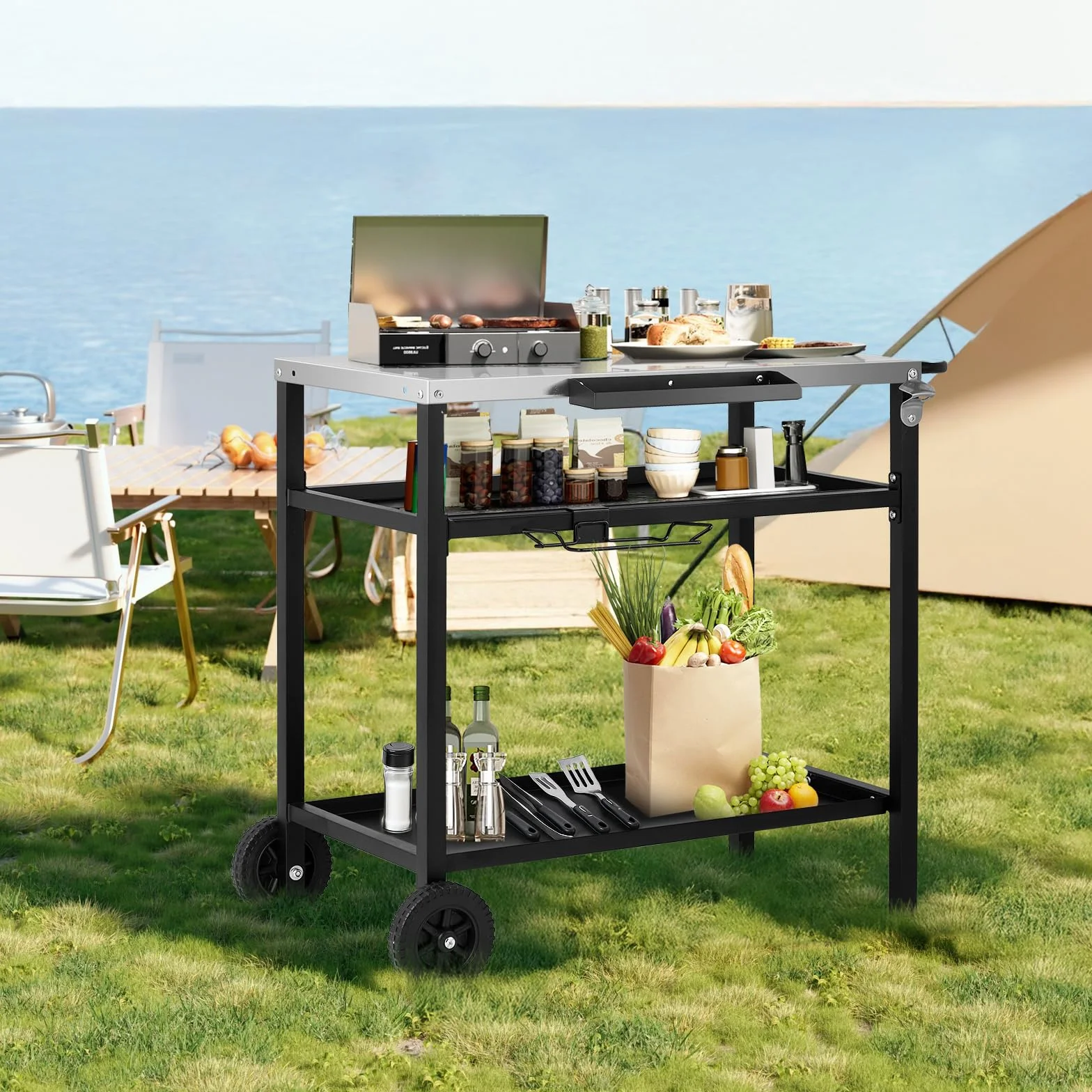 Desserte à roulettes Chariot de Barbecue Mobile 3 Niveaux 97x51x83 cm Acier Inoxydable