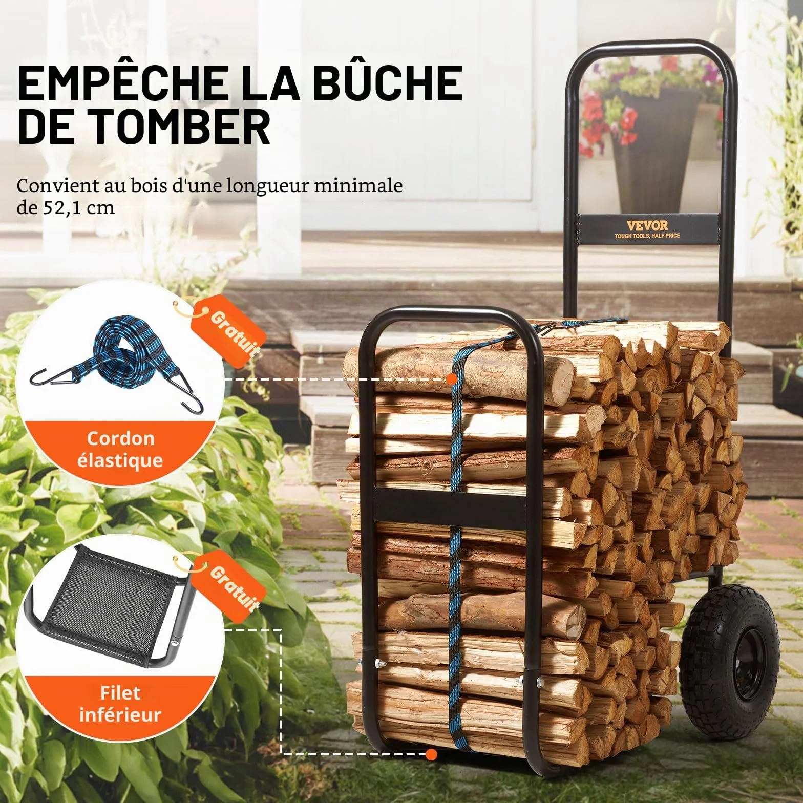 VEVOR Chariot Transport Bois de Chauffage 113,4 kg Acier 67x52x110 cm Roues Gonflables Caoutchouc Noir
