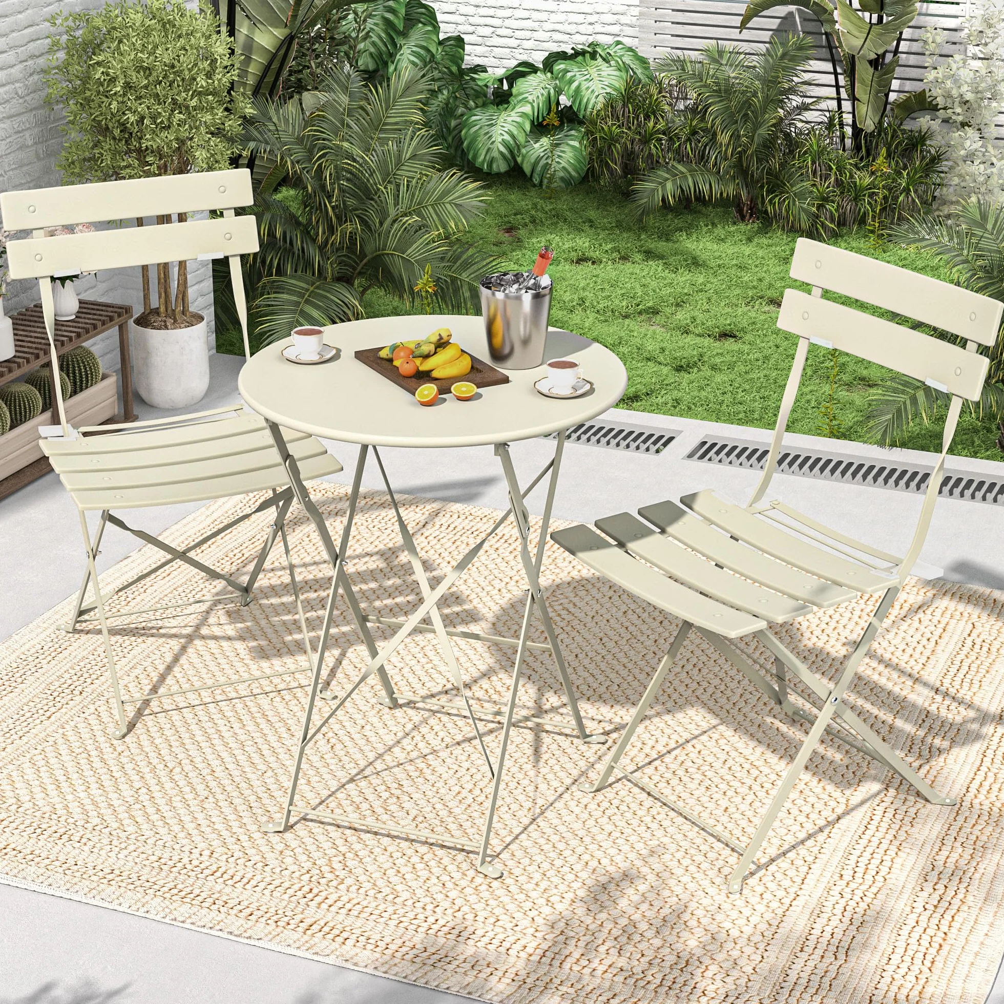 Lot de 3 Meubles de Jardin Pliables, Table de Bistrot avec 2 Chaises, Résistants aux Intempéries, Abricot