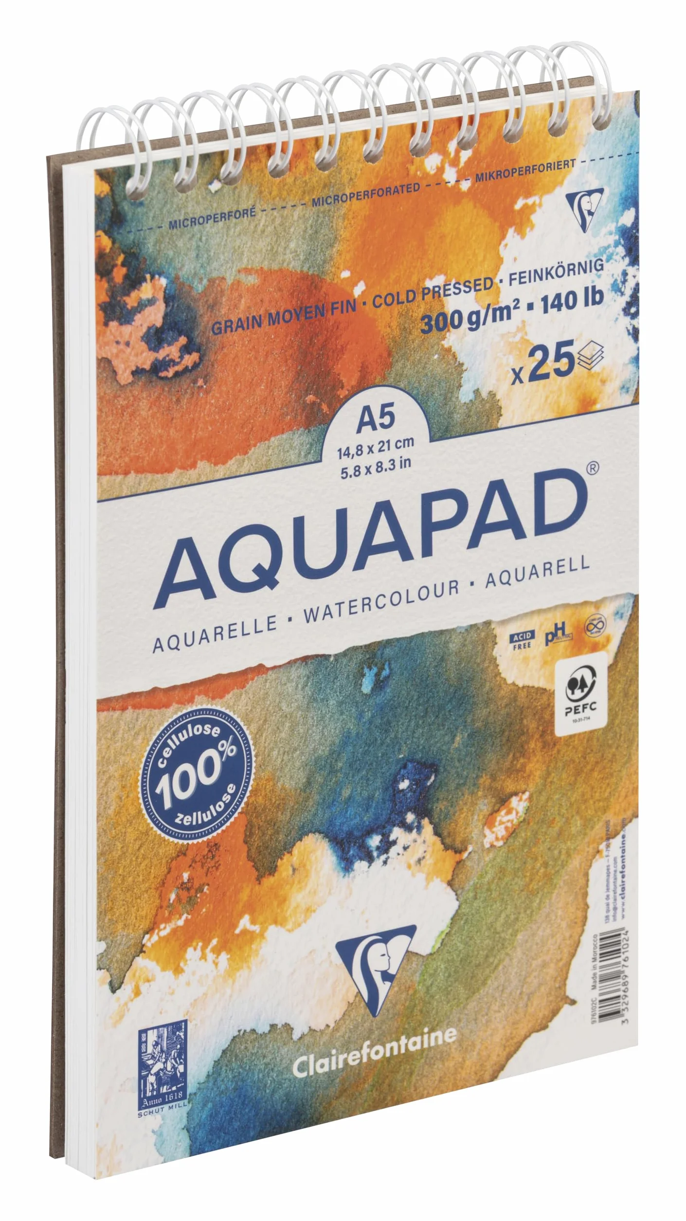 Clairefontaine 976102C Bloc spiralé micro-perforé Aquapad A5 14,8x21 cm 300g 25 Feuilles Papier Aquarelle Blanc Grain Moyen Fin