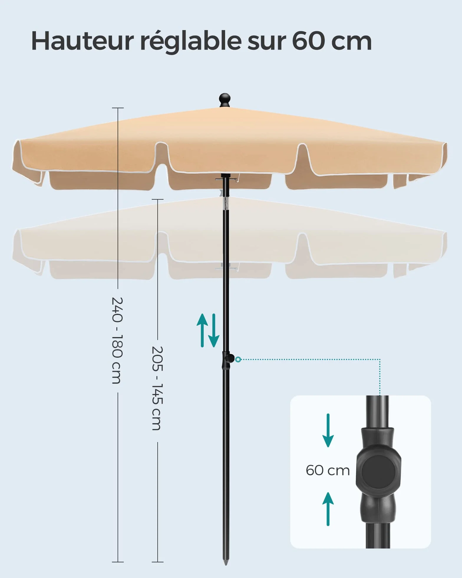 SONGMICS Parasol 200 x 125 cm Protection Solaire UPF 50+ Inclinable 30° Hauteur Réglable Sac de Transport Jardin Terrasse Taupe GPU25BR