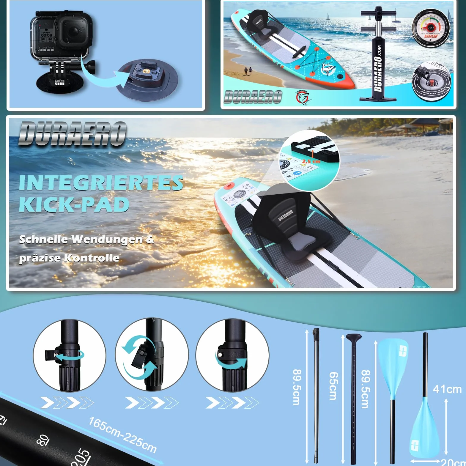 Stand up Paddle Gonflable Planches gonflables, siège Kayak,330 x 76 x 15 cm, jusqu'à 150 kg, Support GO-Pro, Pad intégré, 3 Ailes, Double pagaie réglable, Accessoires complets, Vert Menthe