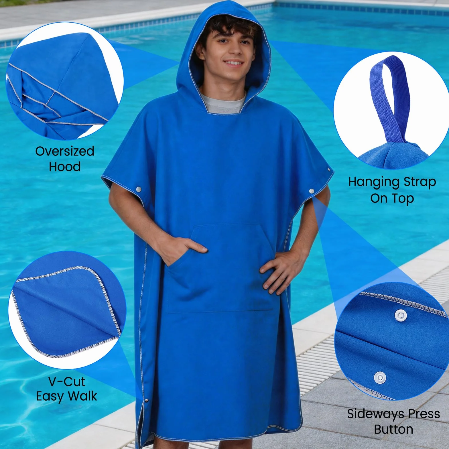 Poncho Surf Microfibre Adulte, Serviette Poncho de Bain avec Capuche Séchage Rapide Léger et Compact, Peignoir à Langer Serviette Plage pour Surf Natation Piscine Sports Aquatiques Homme Femme(Moyen)