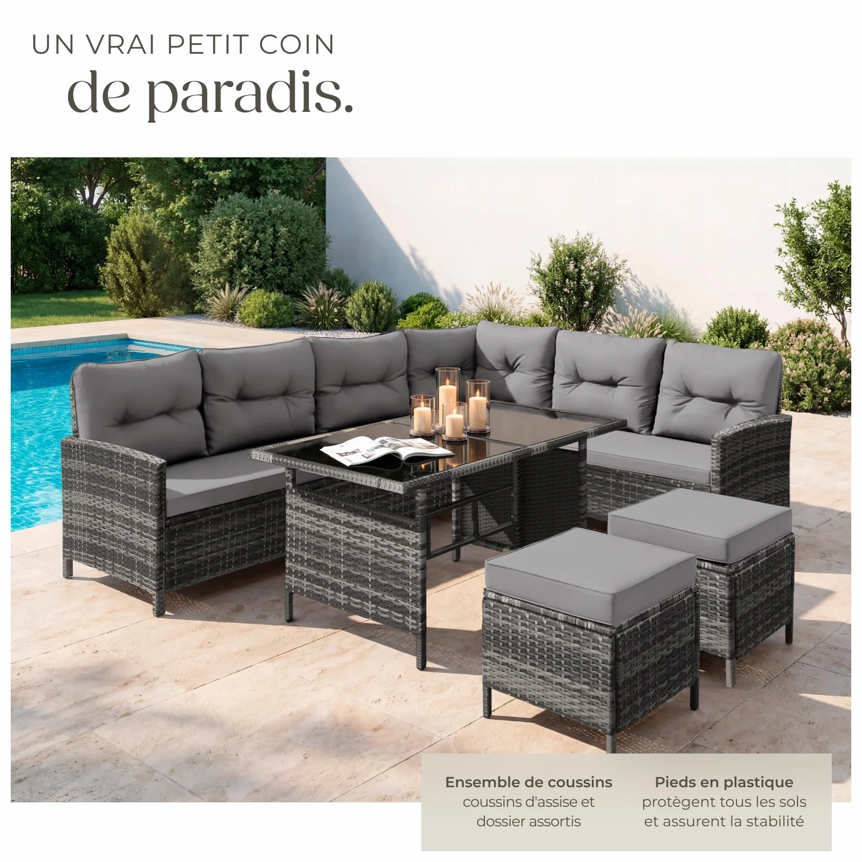 tectake Salon de Jardin Exterieur Rotin Modulable Canape Angle Table Verre 2 Tabouret Pouf Coussins Inclus