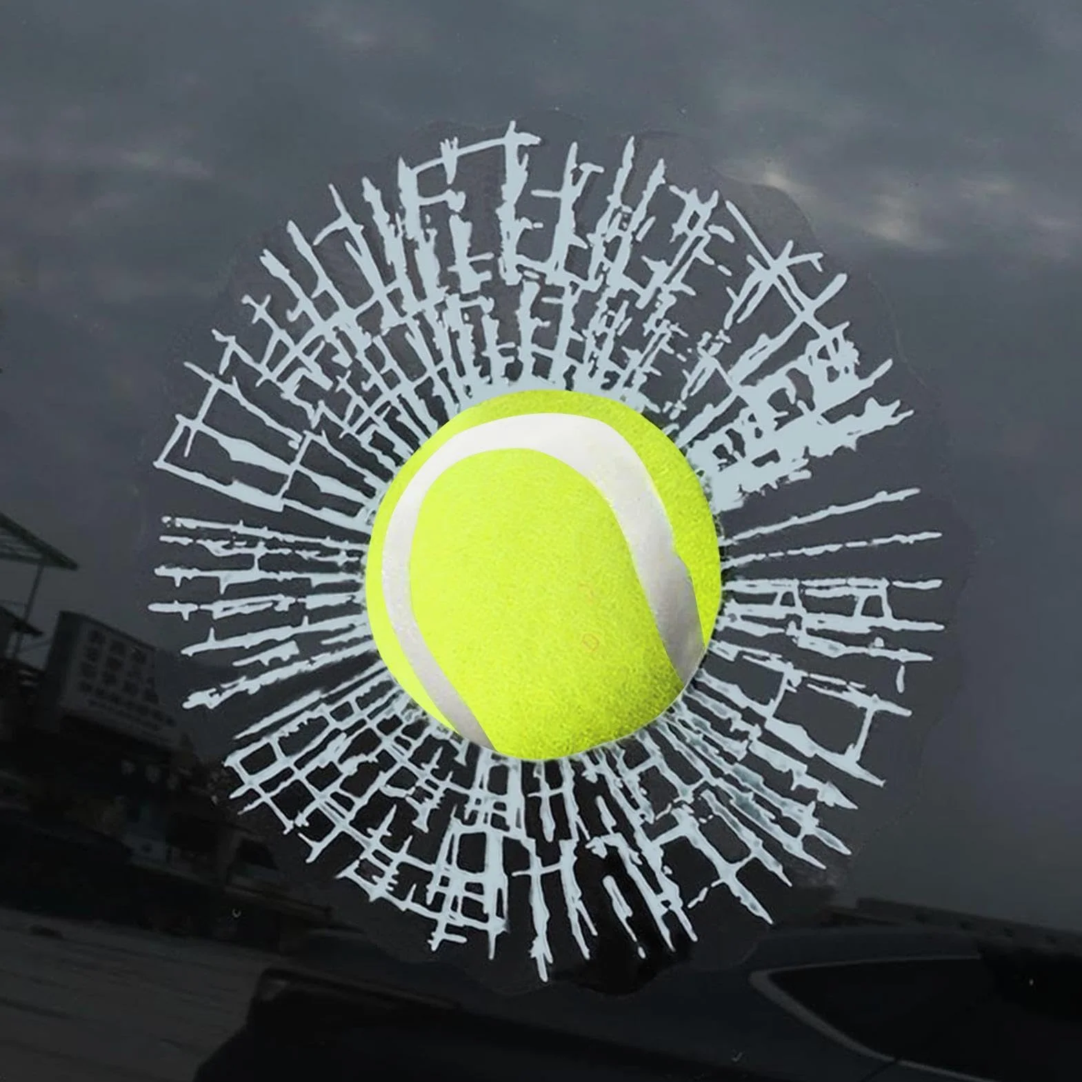 Autocollant 3D en verre brisé - Motif balle de tennis - Autocollant amusant pour fenêtre de voiture - Décoration de pare- de voiture pour et berlines