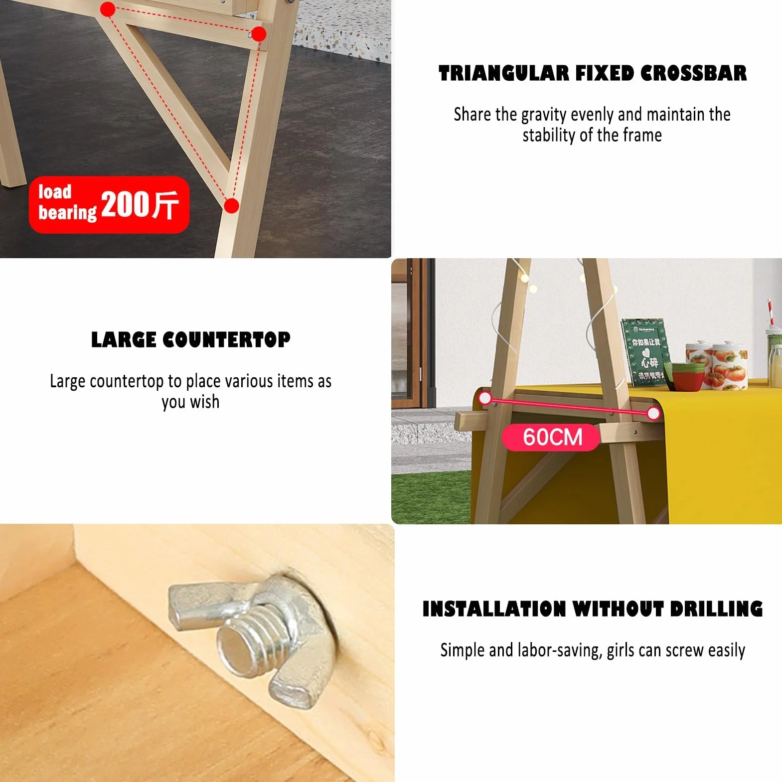 Chariot de Vente Mobile Pliable en Bois avec Auvent, Stand de Marché 120cm Rouge