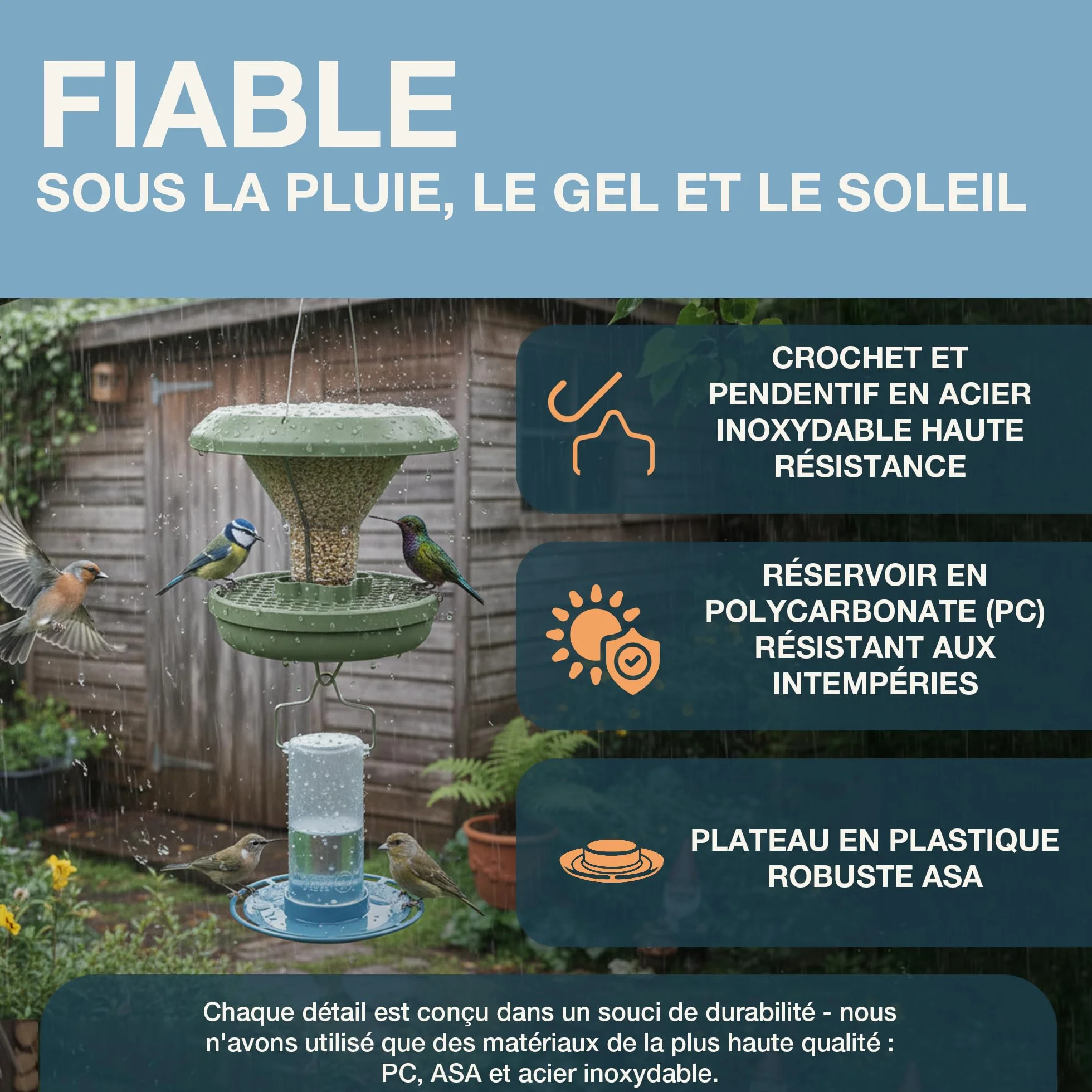 SWISSINNO Abreuvoir pour Oiseaux Zug Smart Birds Bleu Clair – Résistant aux UV Plastique PC et ASA Robuste – Distributeur d’Eau Balcon Terrasse Jardin