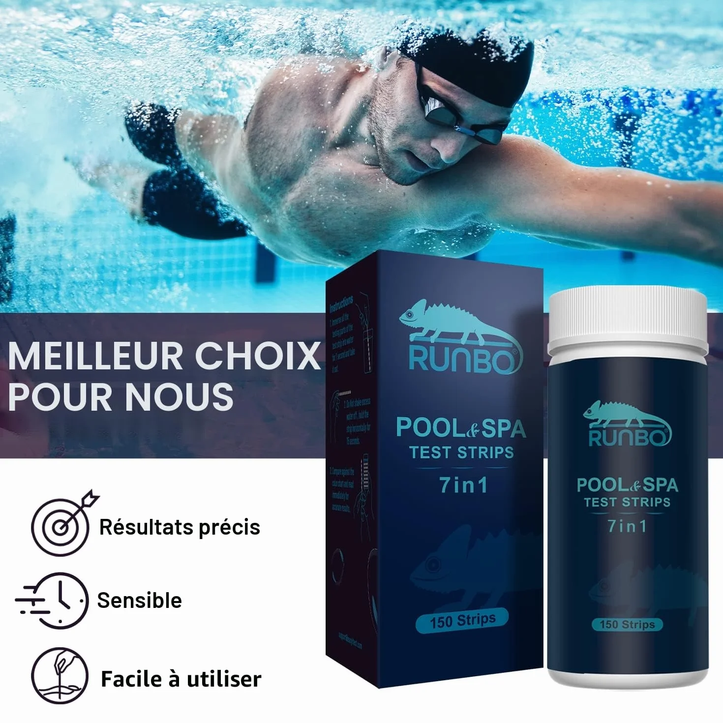 RUNBO 7 en 1 Testeur Eau Piscine Spa, 150 Tests Chlore Libre, Brome, pH, Alcalinité