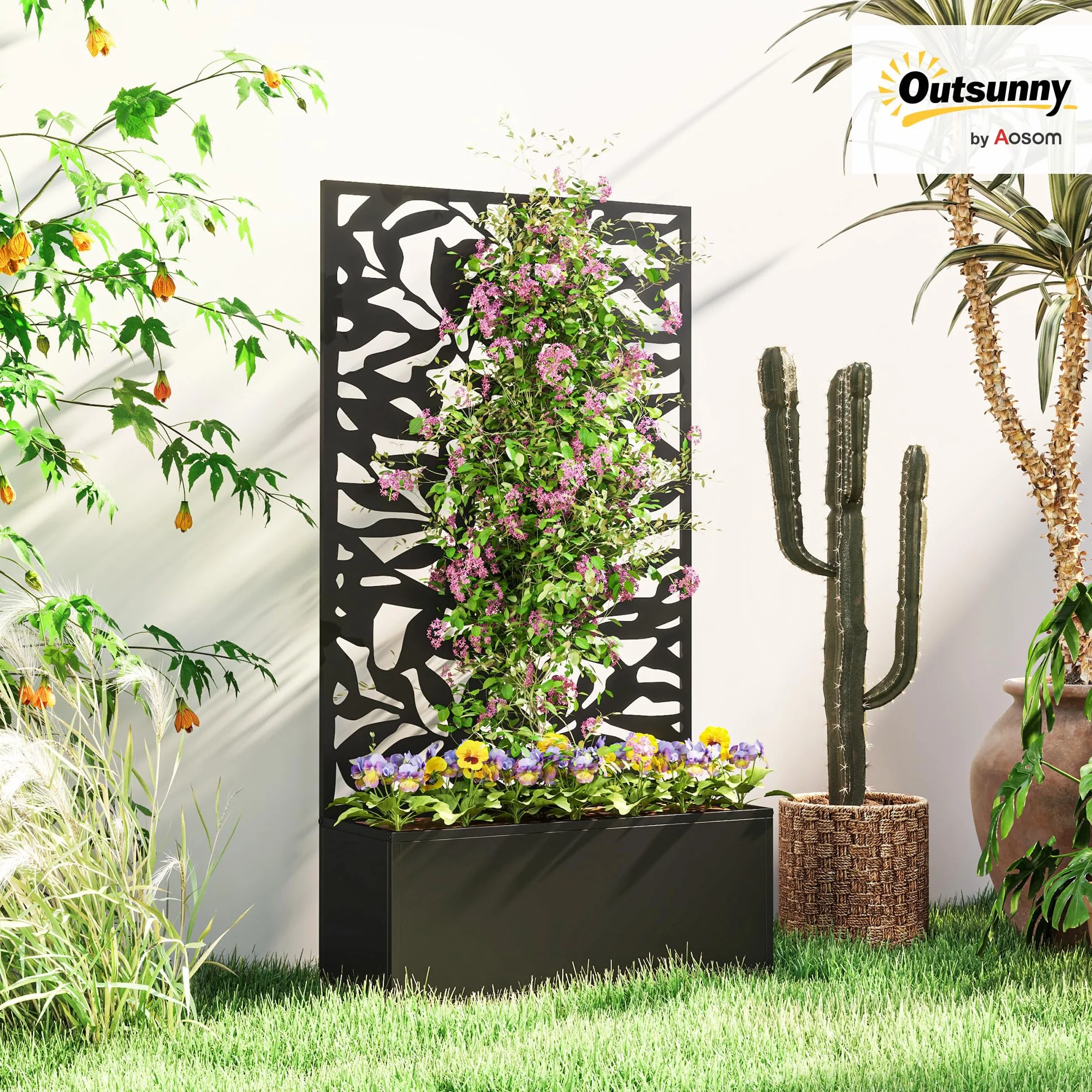 Outsunny Jardinière avec Treillis Brise-Vue Métal 61x23x113cm Noir