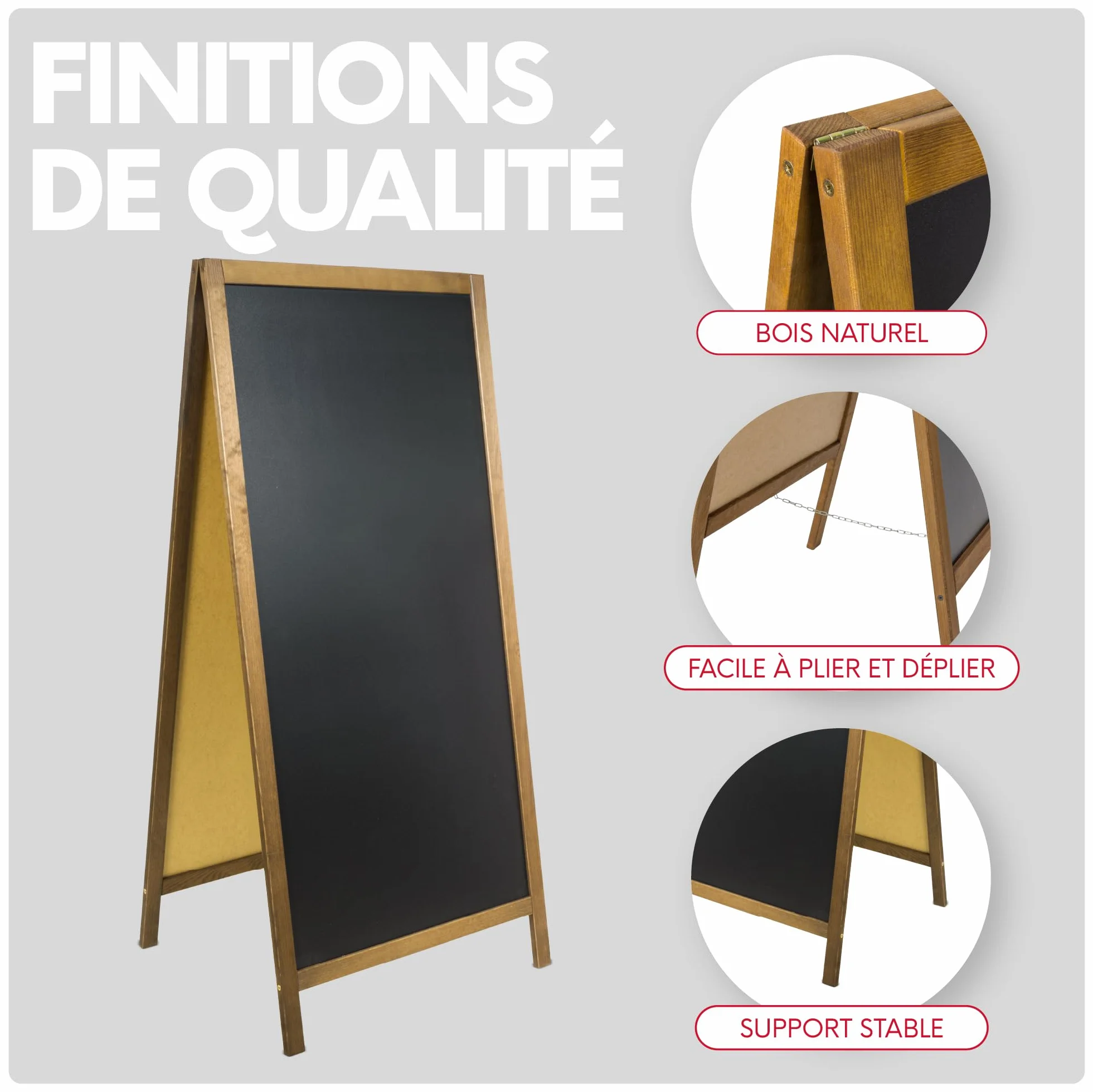 Chevalet ardoise pliable en bois naturel double face pour craie et feutre extérieur intérieur