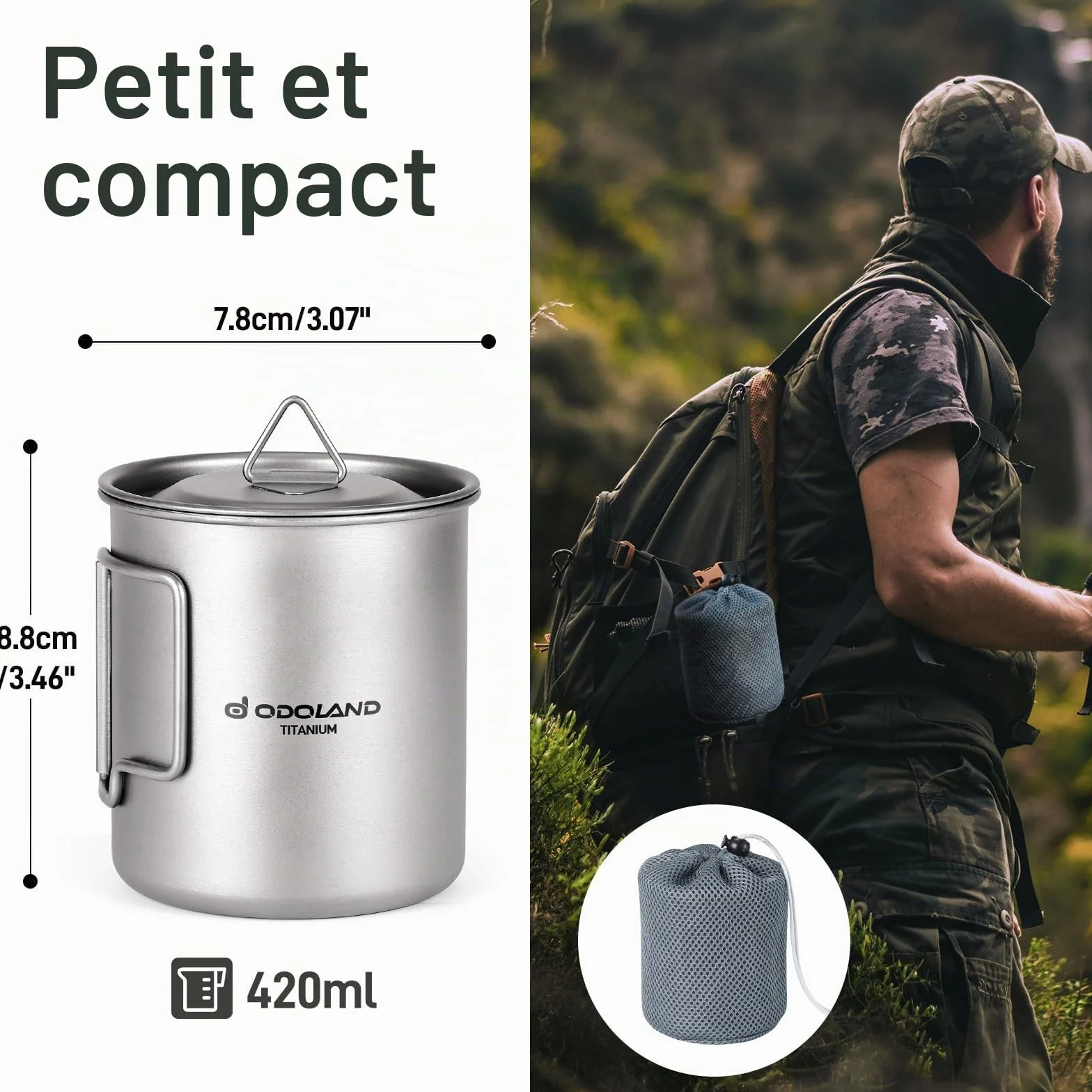 Odoland Pot en Titane 420ml Ultraléger Portable Tasse à Eau en Titane, Tasse de Camping avec Couvercle et Spork pour Camping, Randonnée, Voyage et Trekking