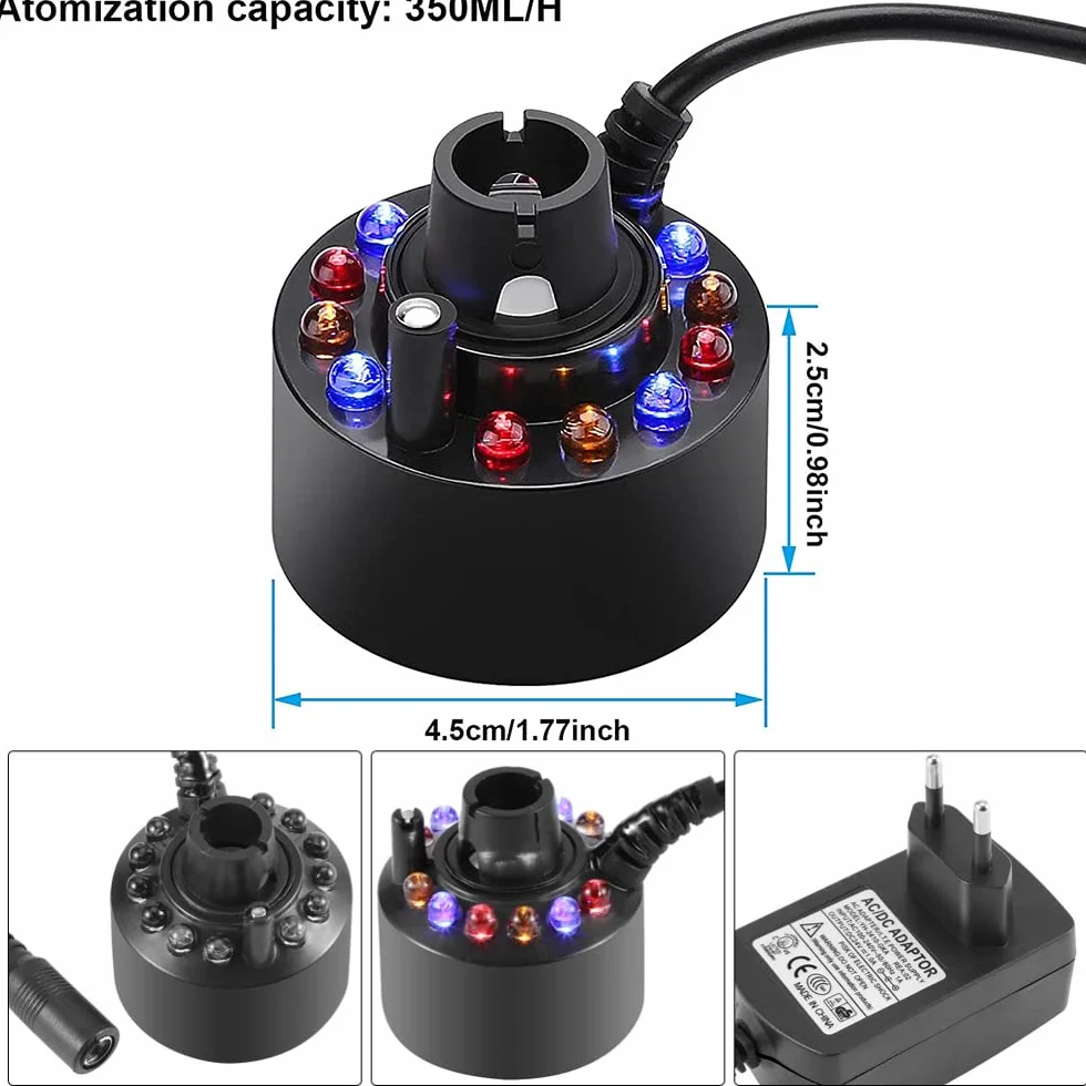 Brumisateur Humidificateur d'Air 12 LED Fontaine d'Eau Étang Machine à Brouillard Ultrasonique avec Adaptateur Halloween