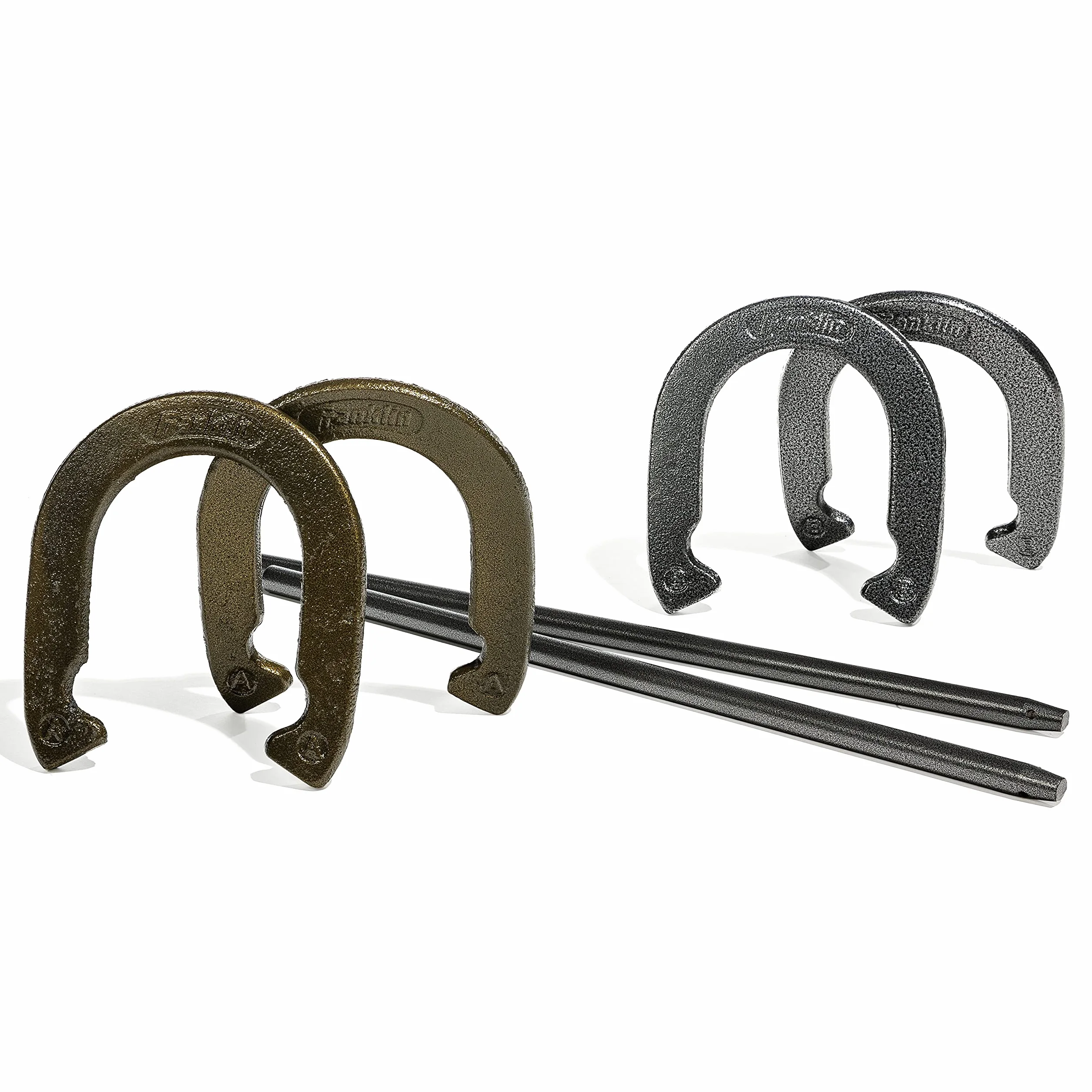 Franklin Sports Ensemble de fers à cheval officiels en acier lesté pour le jeu, pour adultes et enfants, plage, pelouse - 4 fers à cheval et 2 piquets de sol