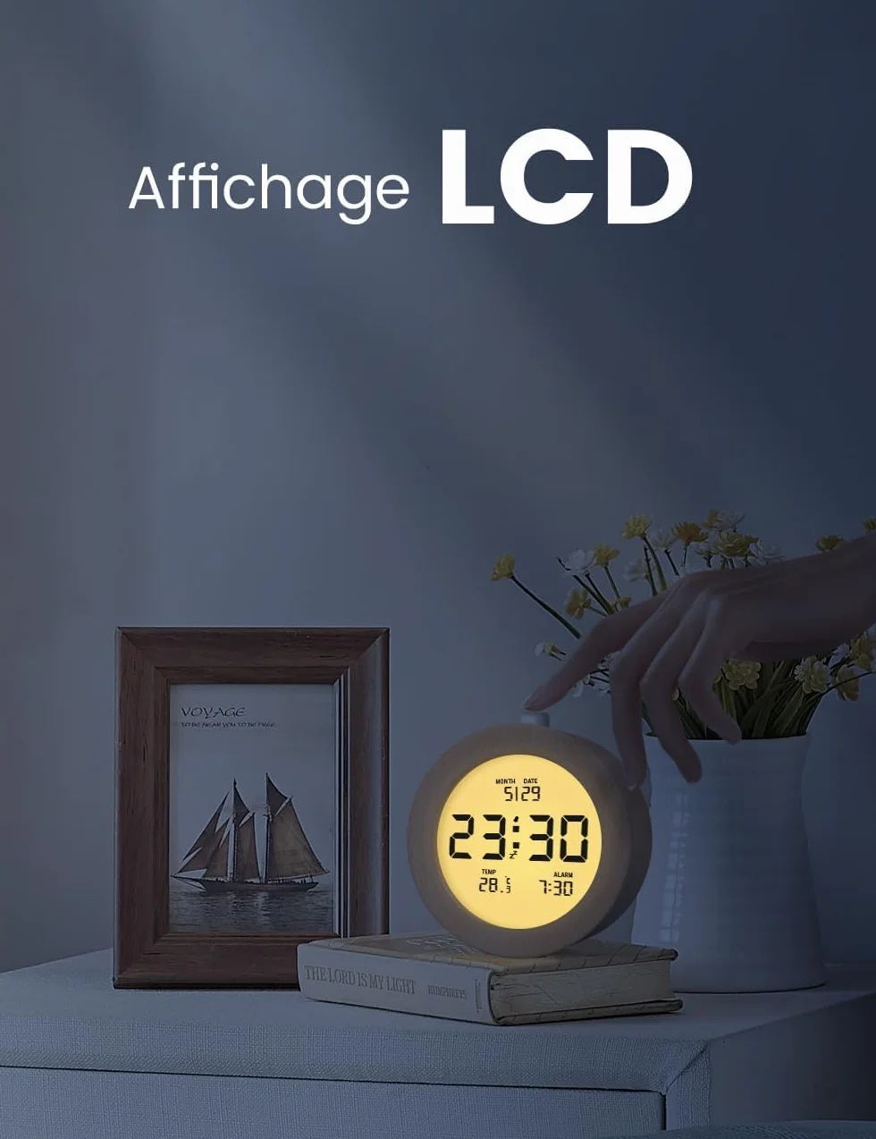 aboveClock Réveil Numérique en Bois avec Écran LCD, Température, Date, Snooze, Rétroéclairage, 3 Piles AAA