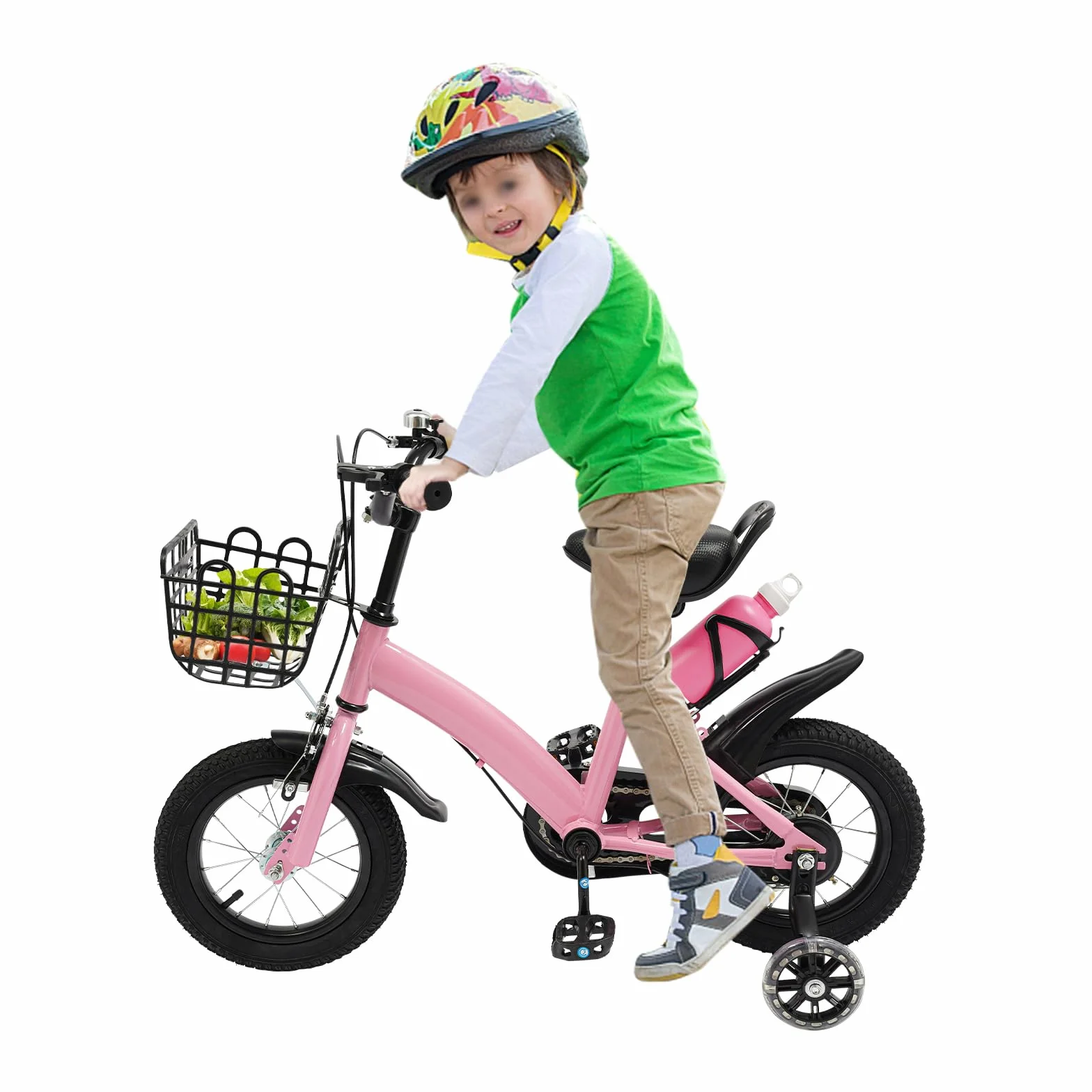 Vélo pour enfant de 12 pouces, avec roues stabilisatrices, panier et bouteille d'eau en rose, pour garçons et filles à partir de 2 à 5 ans, guidon réglable en hauteur, design amélioré avec