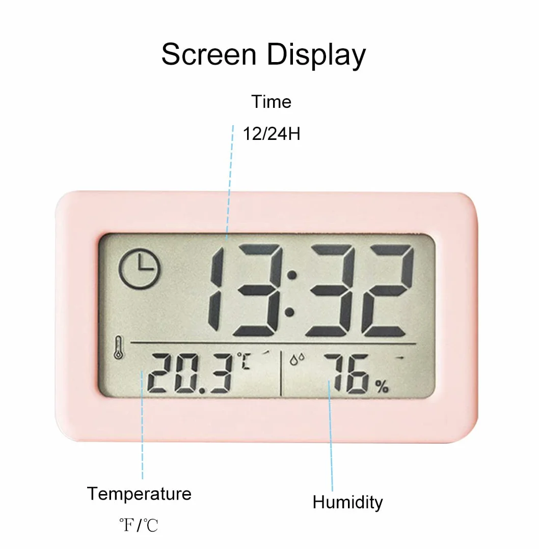 Thermomètre Hygromètre Numérique LCD Grand Écran 12/24 Heures Suspendu Debout Batterie