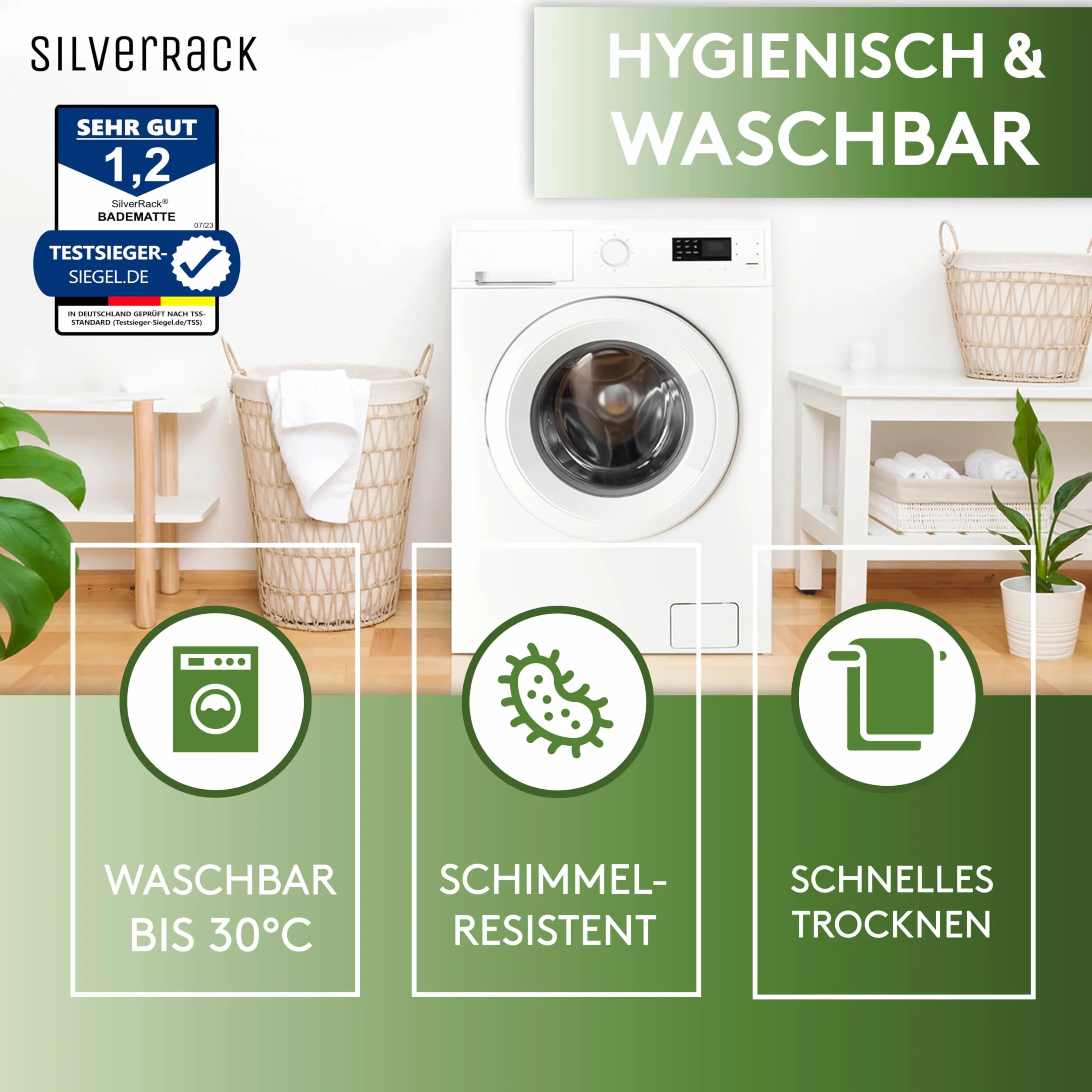 SilverRack DermaSensitivo Tapis de bain antidérapant 69 x 36 cm sans BPA Noir aspect galets