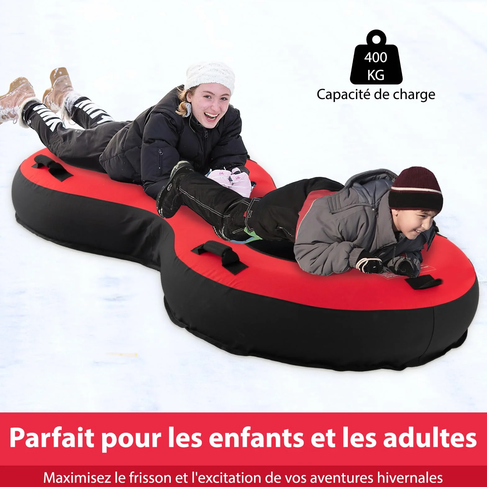 COSTWAY Luge Bouée Gonflable, Traîneau à Neige Robuste en Caoutchouc avec Fond Rigide Sangle de Remorquage Siège Rembourré Pompe de Gonflage, pour Enfants Adultes