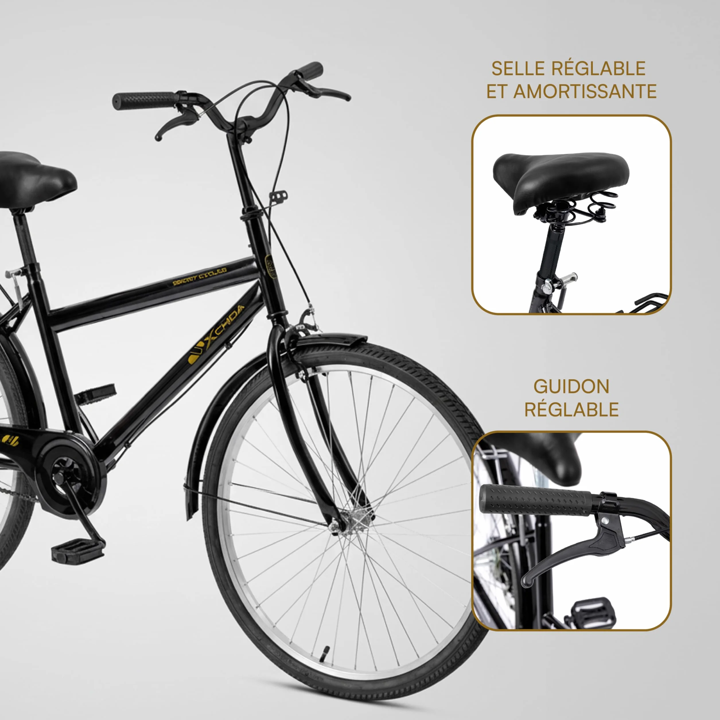 Vélo de ville Baroni Home avec guidon et selle réglable, double frein, noir 168x110 cm