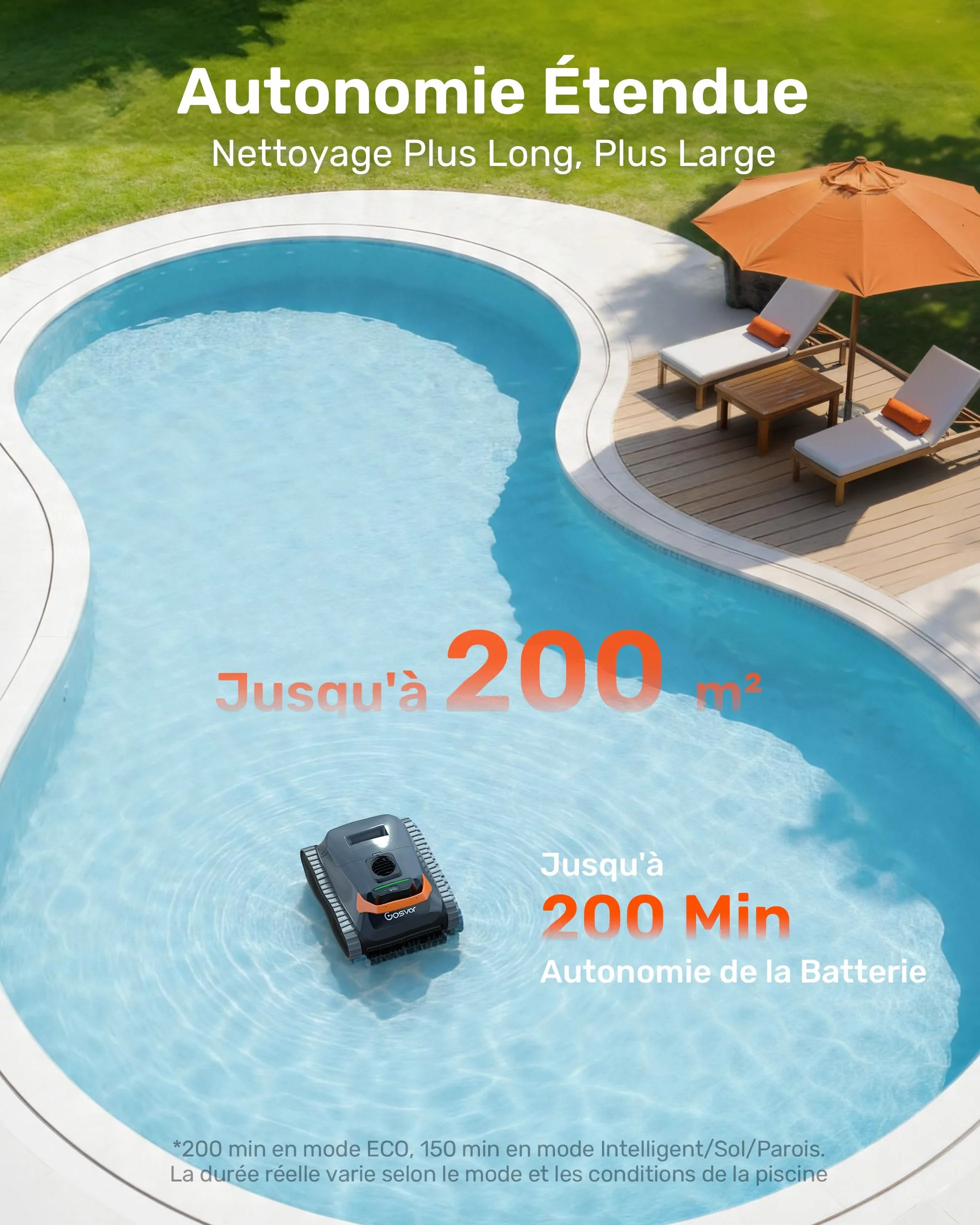 Gosvor LiteVac G1 Robot Piscine Fond et Parois, 6,9 kg Ultra Léger, 200 Min Autonomie, Double Filtration, Navigation Intelligente, App, 200 m² Orange