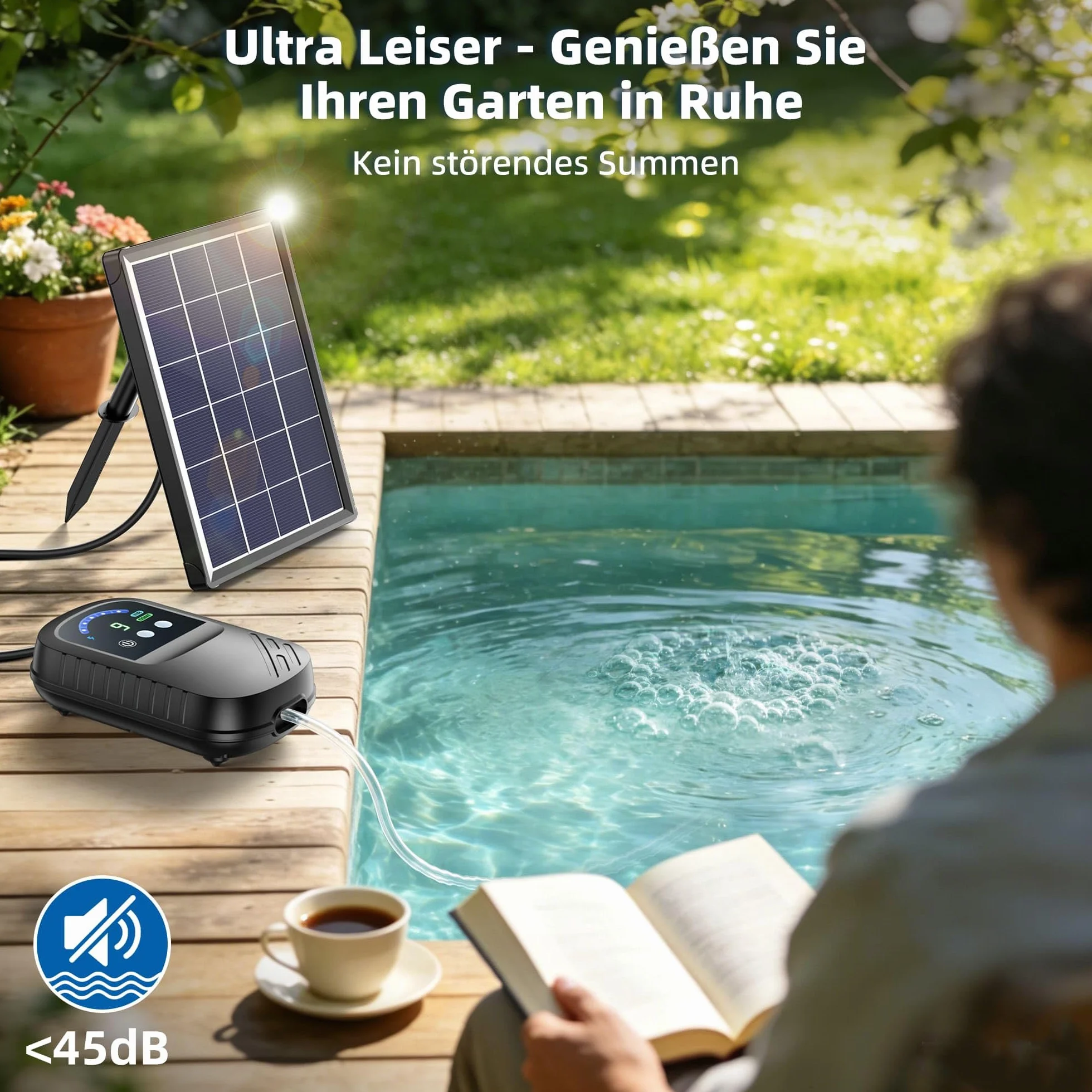 Biling Aérateur de Bassin Solaire 4 W avec Batterie 2200 mAh - Pompe à Oxygène Silencieuse IPX5 pour Bassin de Jardin