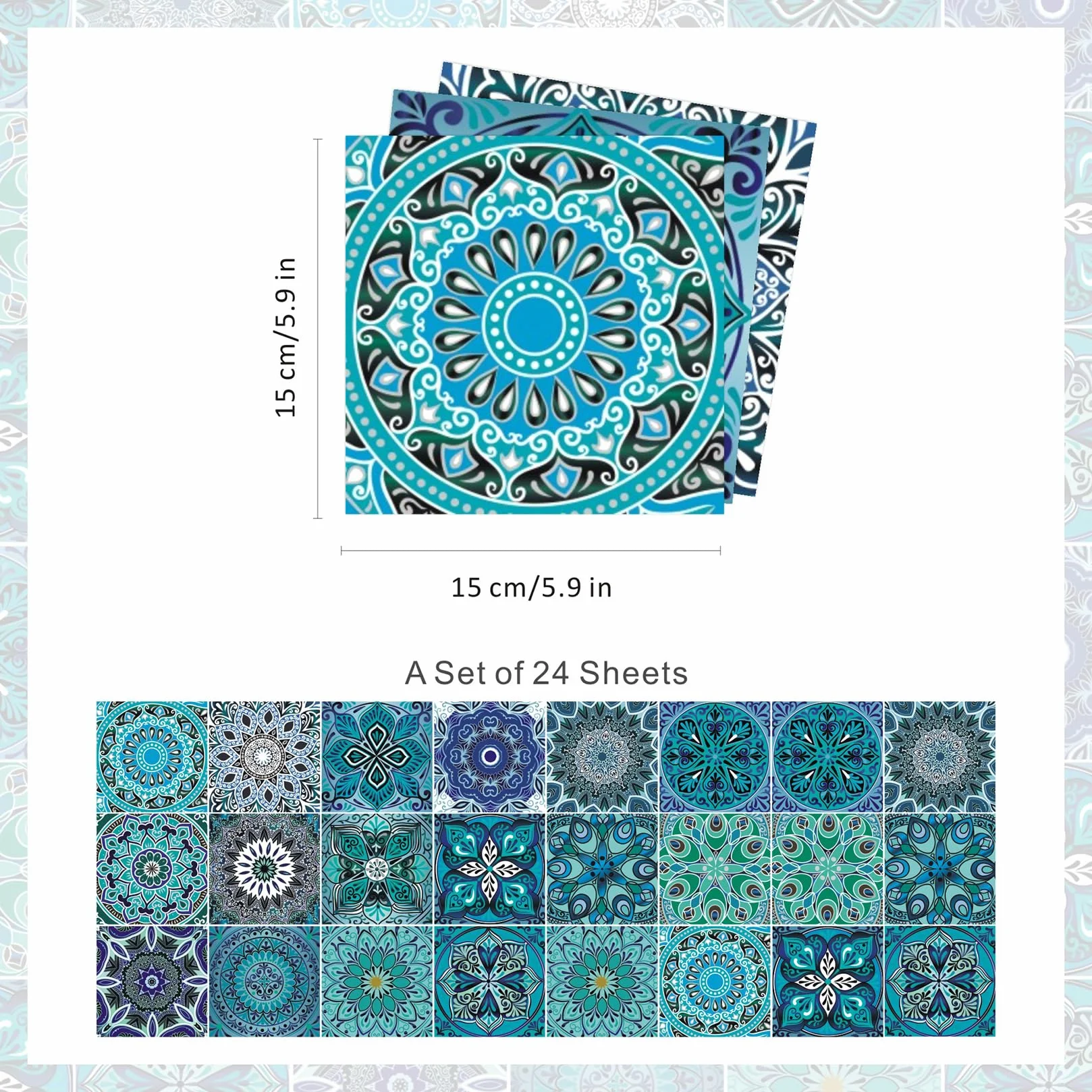 Carreaux Autocollants Décoratifs Bleu Mandala 15x15cm Lot de 24 Stickers Carrelage Imperméables PVC Cuisine Salle de Bain