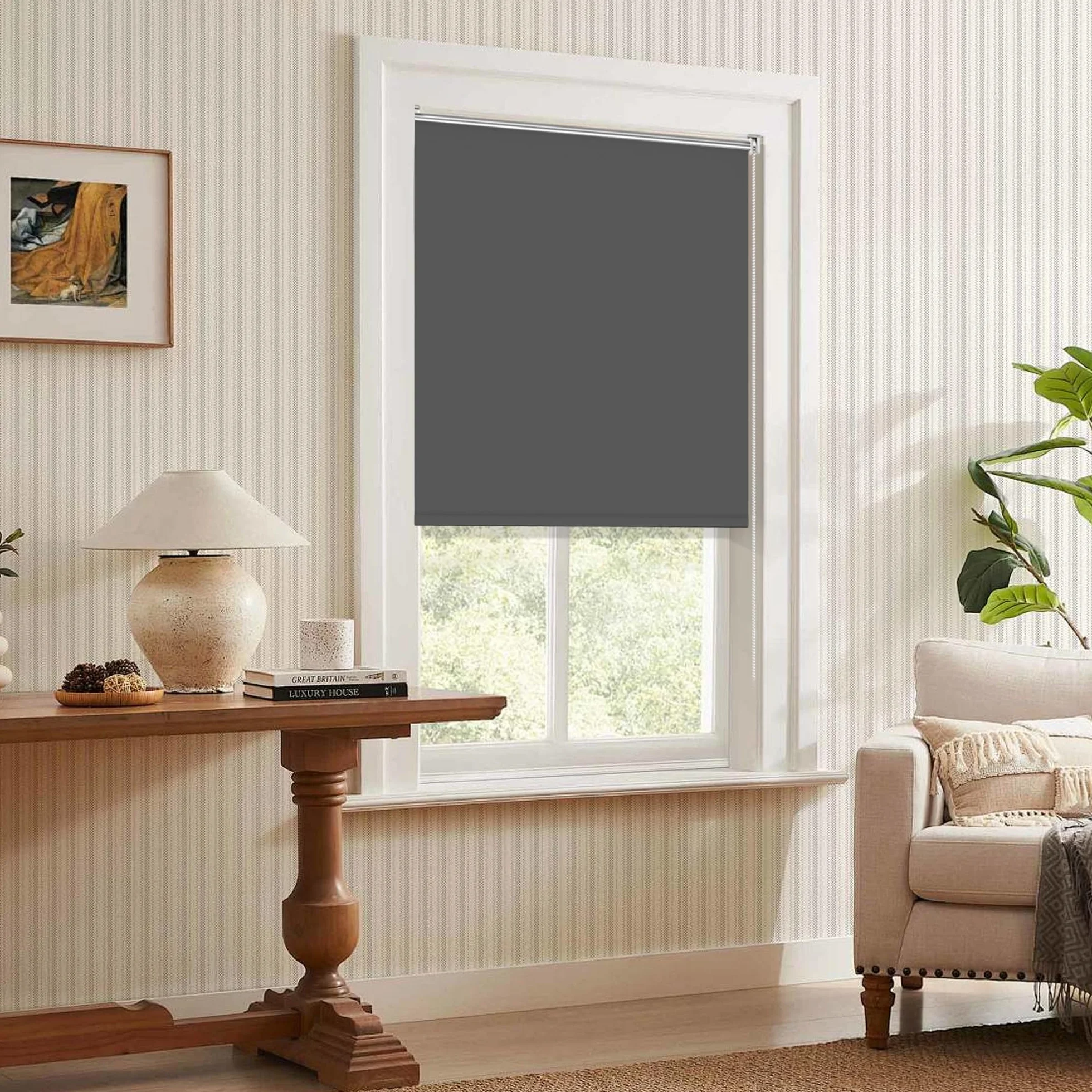 Enrouleur Occultant Thermique sans Perçage 40x170 cm Rideau Opaque Isolant Gris Foncé