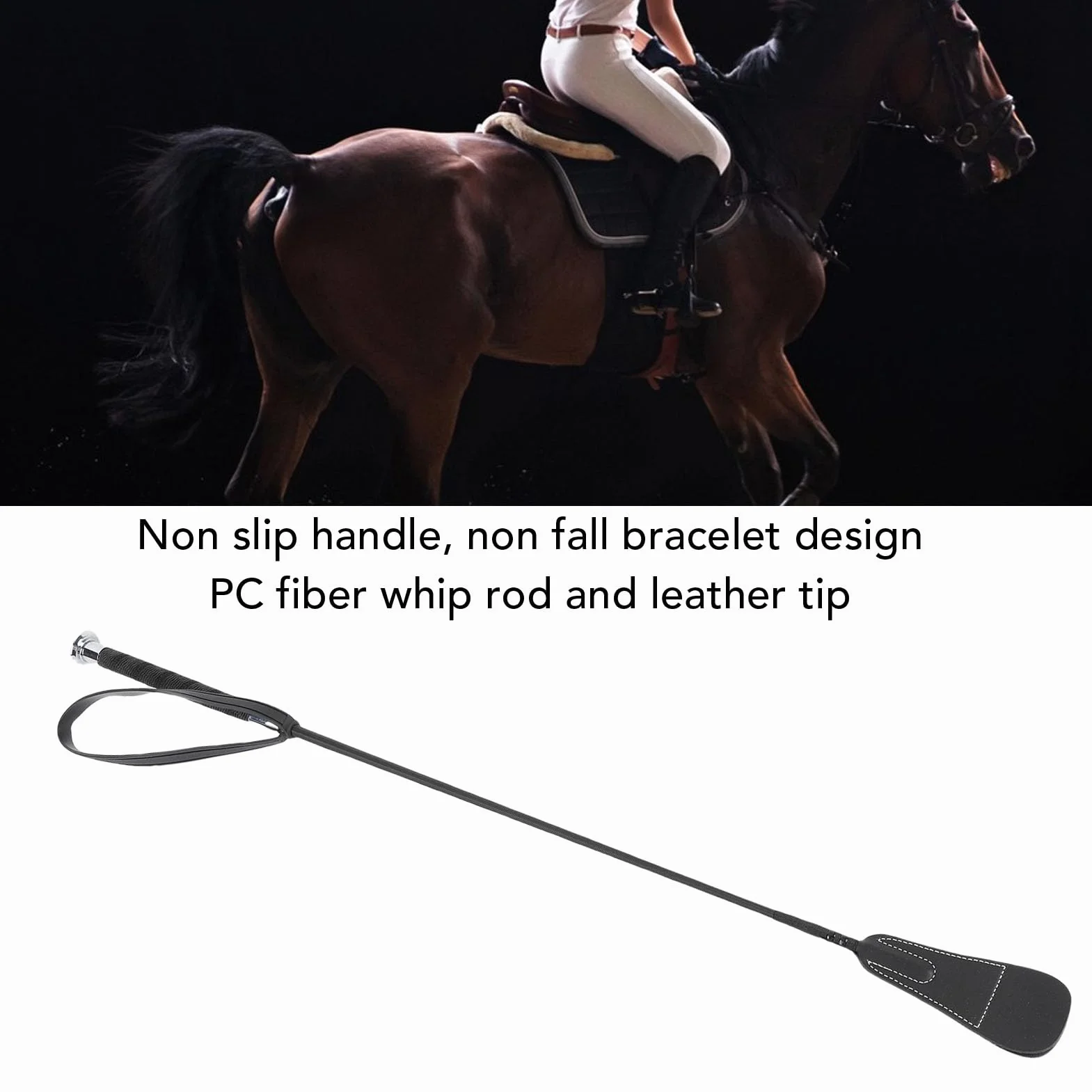 Cravache D'équitation, équipement équestre de Dressage, 68 Cm, Poignée Antidérapante, Tige en Fibre PC, Embout Cuir, Capuchon Champignon plaqué, Dragonne en Caoutchouc pour Le