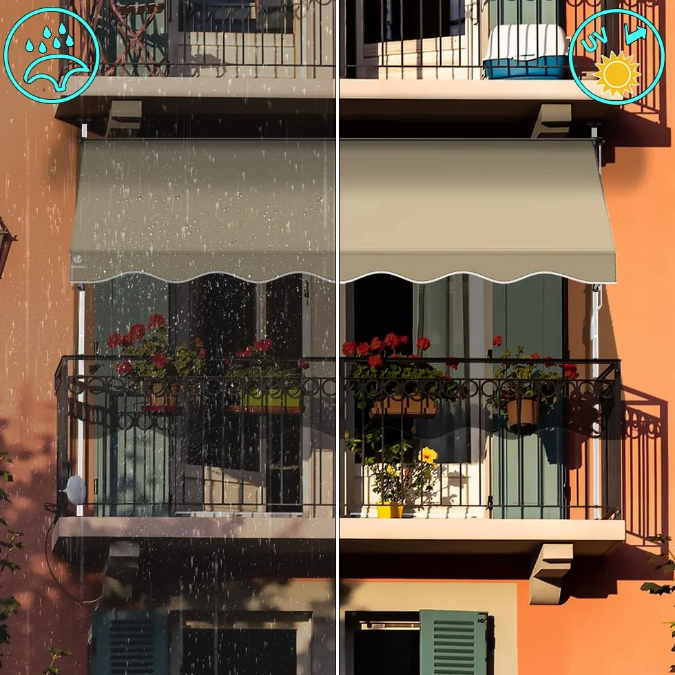 VOUNOT Auvent Manuel Rétractable Résistant aux UV Store Banne de Jardin en Acier Polyester avec Manivelle 200cm Beige