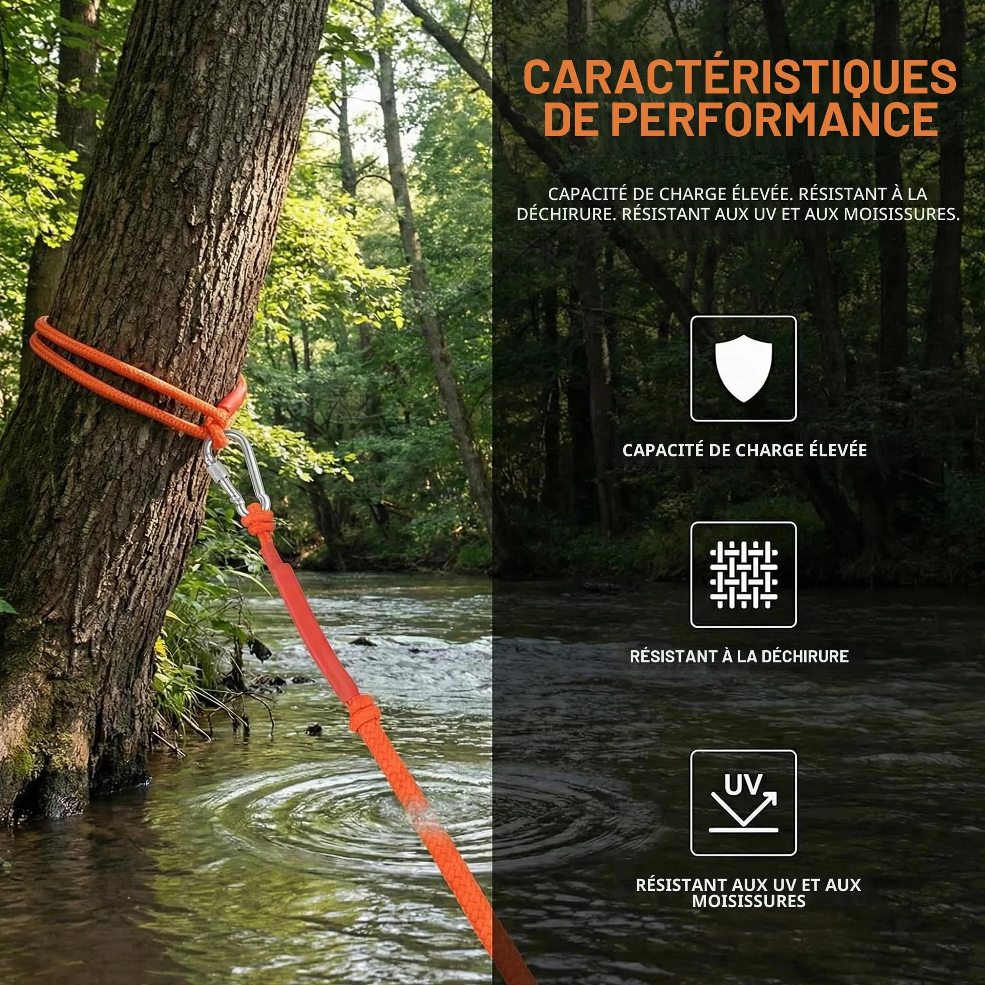 Corde Tressée Polypropylène avec Mousqueton Anti-Corrosion pour Escalade Pêche Alpinisme