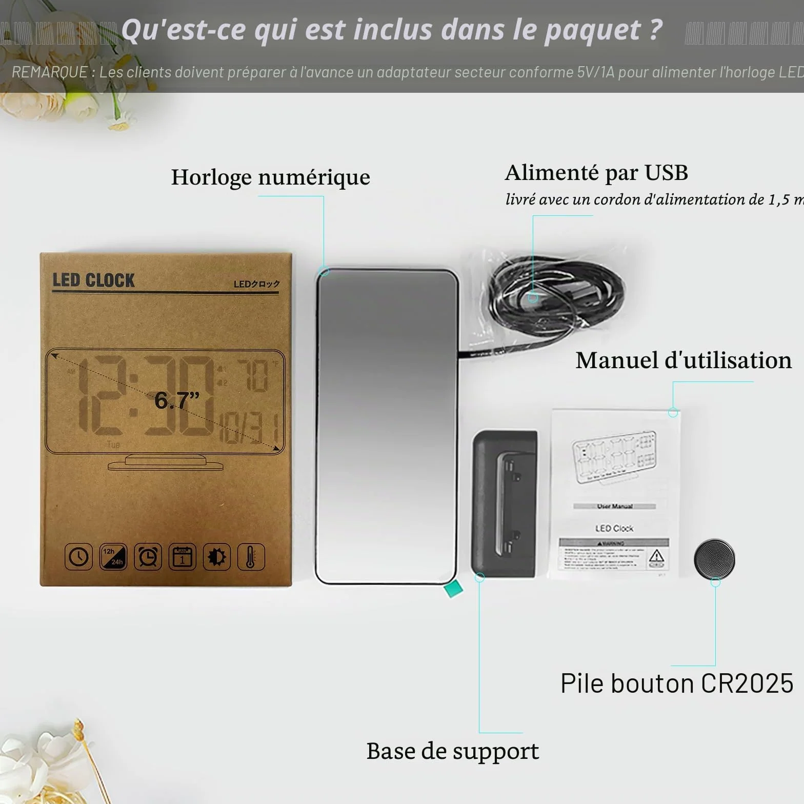 KOSUMOSU Horloge de Table Numérique 6,7 Pouces Double Alarme LED