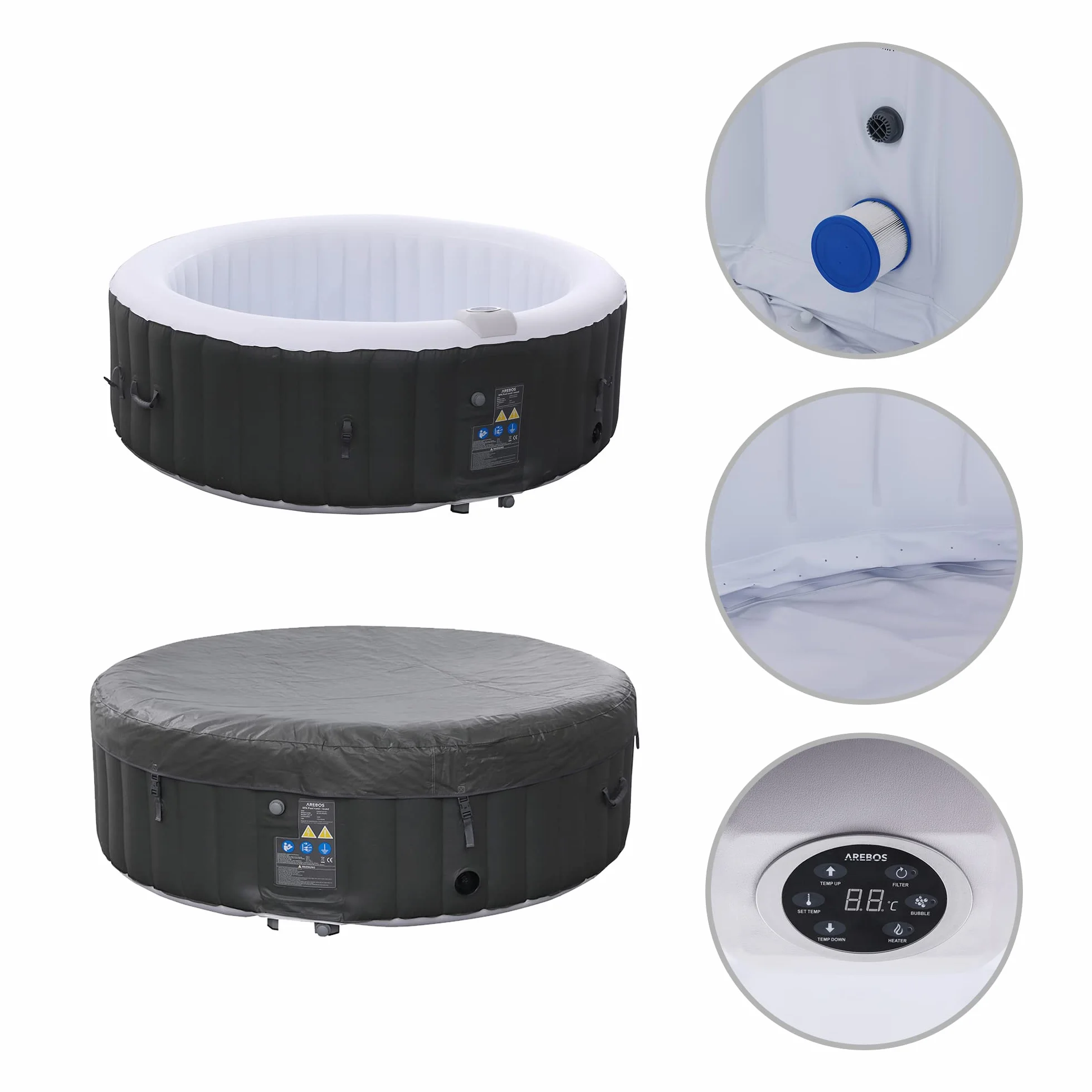 Arebos Spa Gonflable 6 Personnes ⌀ 208 cm Rond 130 Jets Massage 1000 litres Chauffage