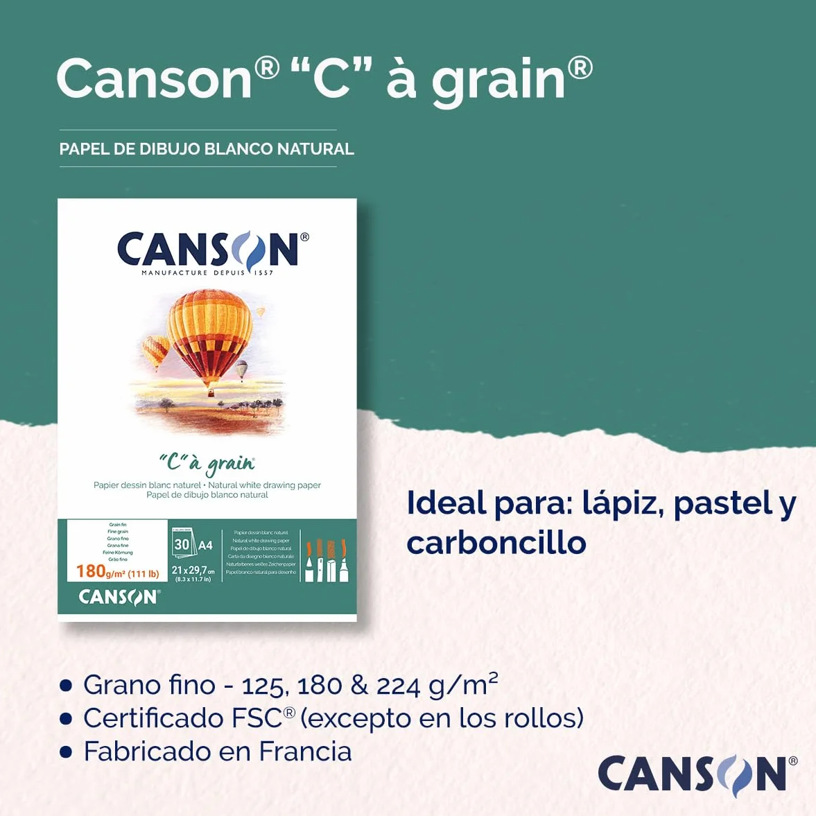CANSON Bloc papier dessin A4 180g/m² Grain fin 30 feuilles Blanc naturel