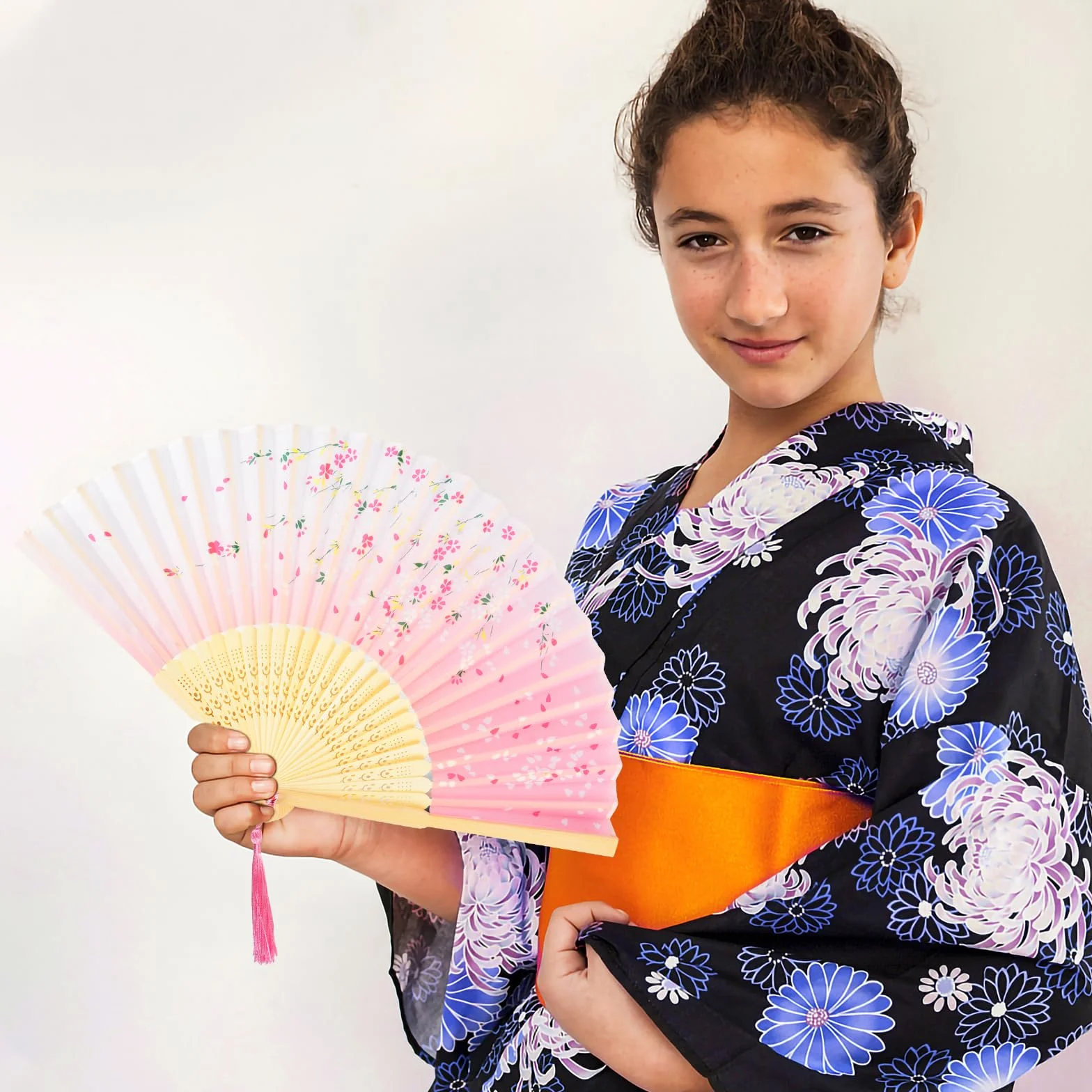 KEYIDO Rose Eventail Japonais Éventail Solide Bois Tissu Soie Bambou Chinois Plié avec Frange pour Femme