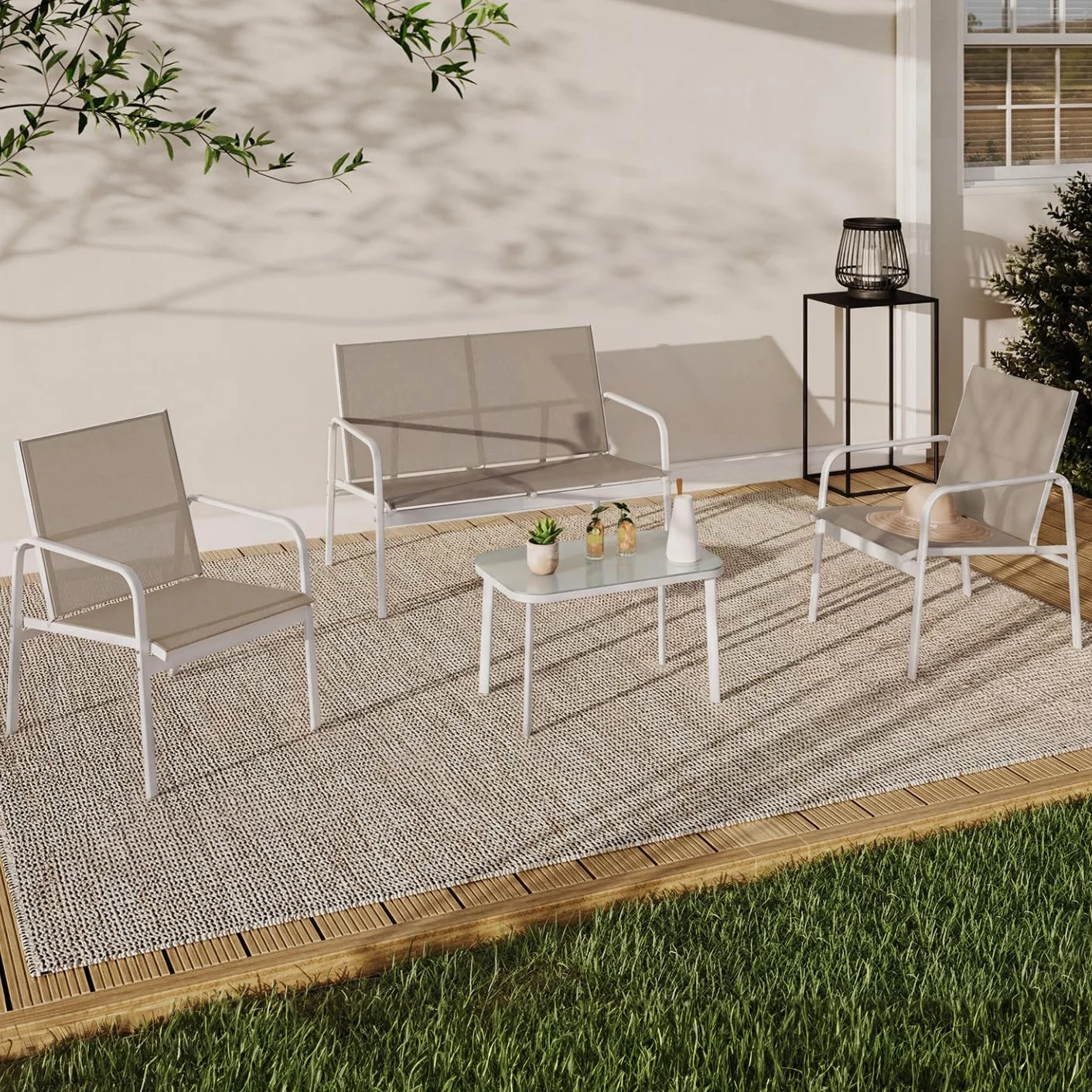 Salon de Jardin TOLEDE 4 Places Canapé Fauteuils Table Blanc Beige