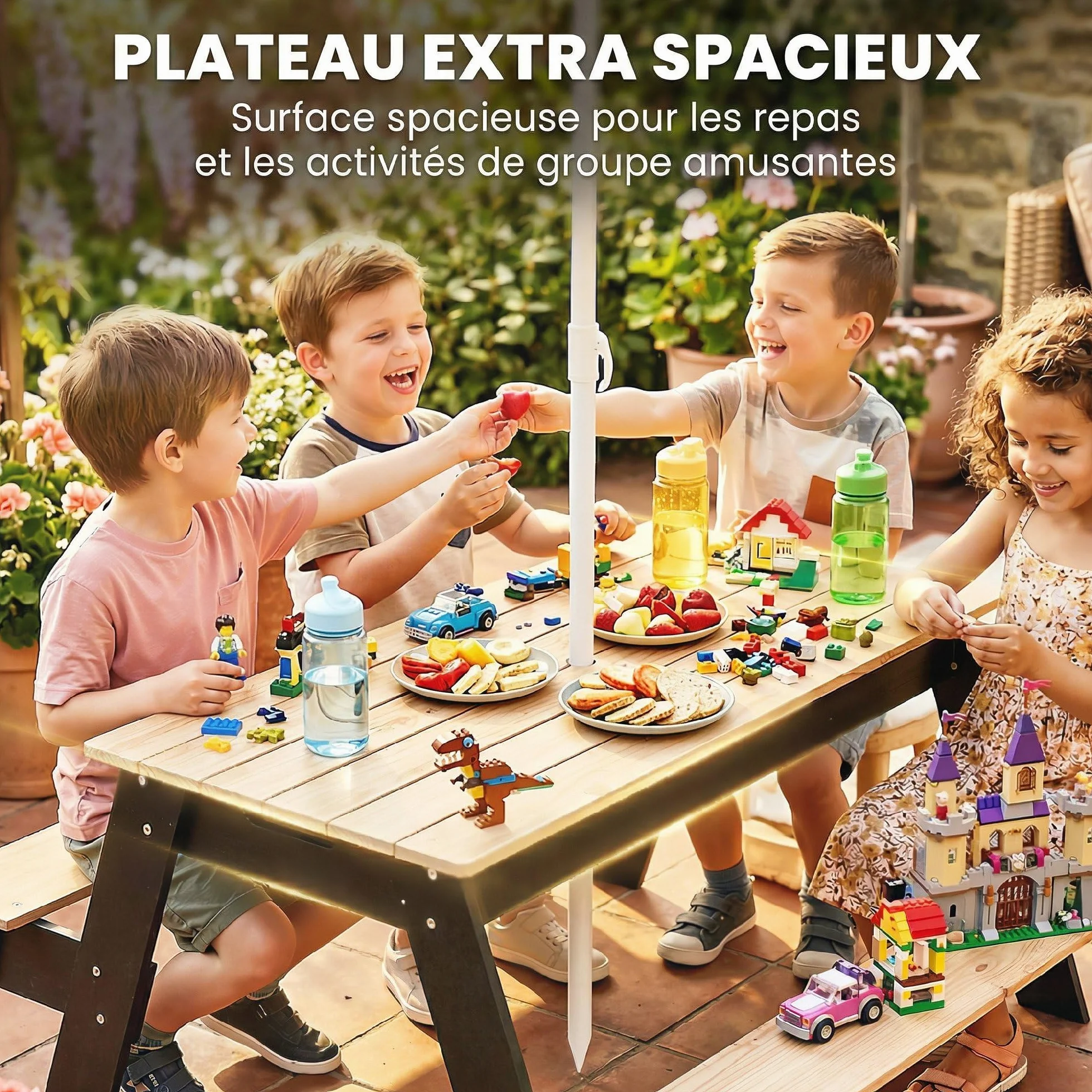 AIYAPLAY Table de Pique-Nique Enfants avec Parasol Amovible 3 en 1 Salon de Jardin en Bois pour Enfants 3-6 Ans Charge 50 kg