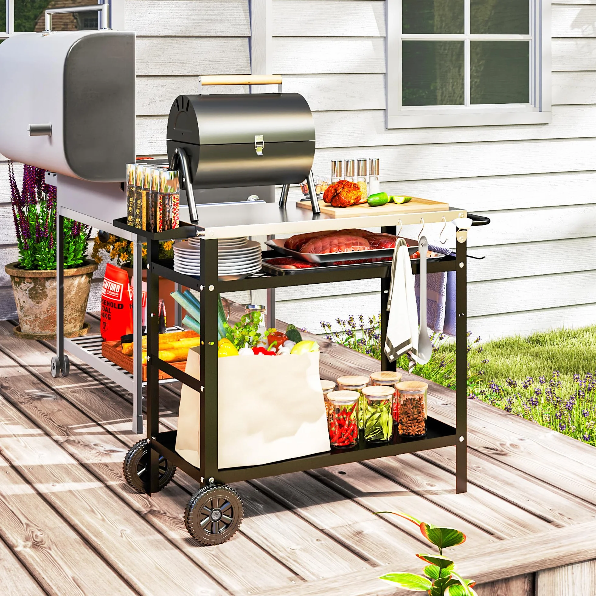 Outsunny Desserte Plancha Extérieure Acier Inoxydable Chariot Barbecue 100x52x80cm Noir