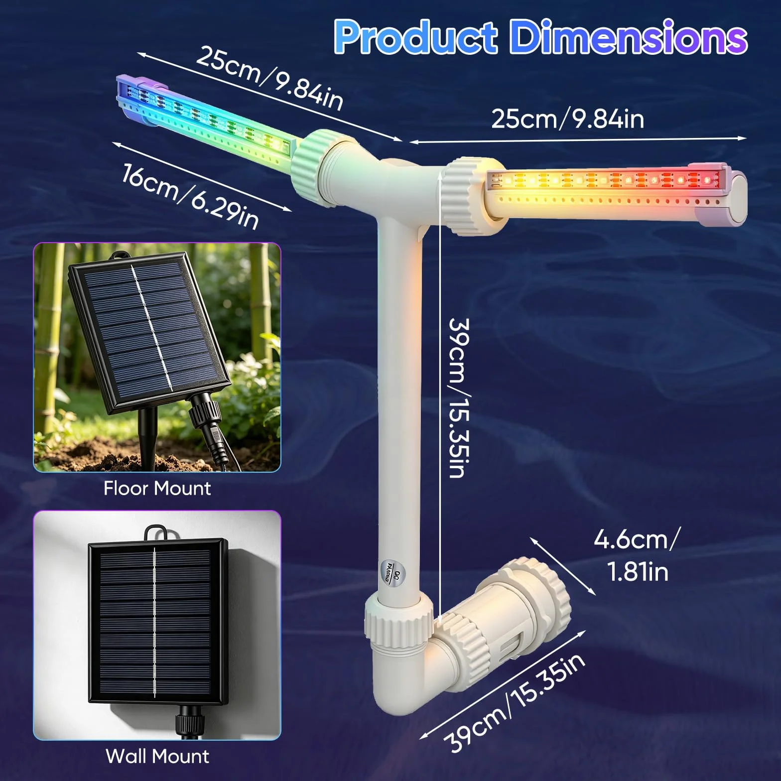 Fontaine solaire cascade LED télécommande APP 11 couleurs 6 modes rechargeable 10h autonomie piscine hors-sol encastrée