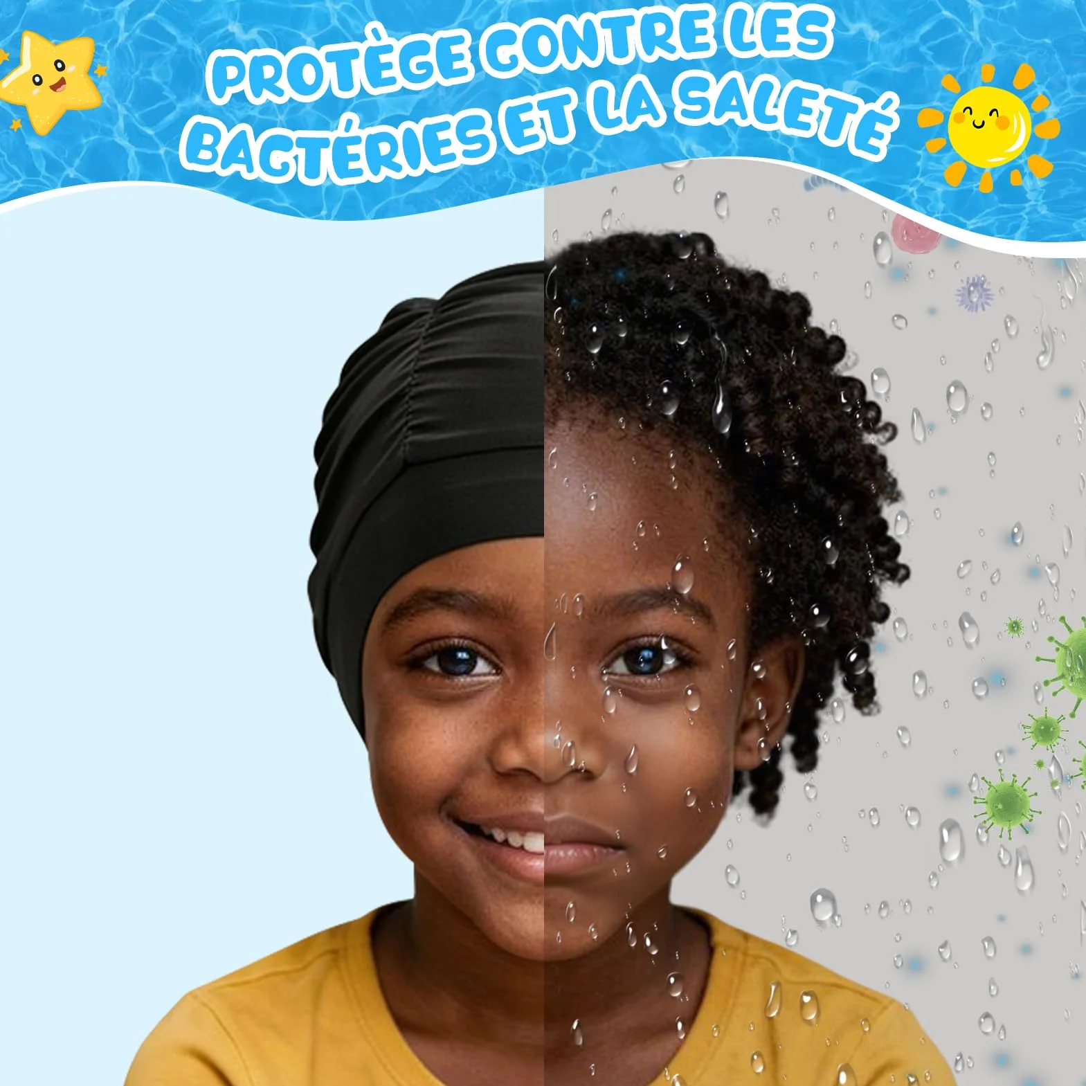 Kiiwah 2 Pièces Bonnet de Bain Enfant, Bonnet de Piscine en Tissu Plissé Extensible pour Cheveux Longs et Courts