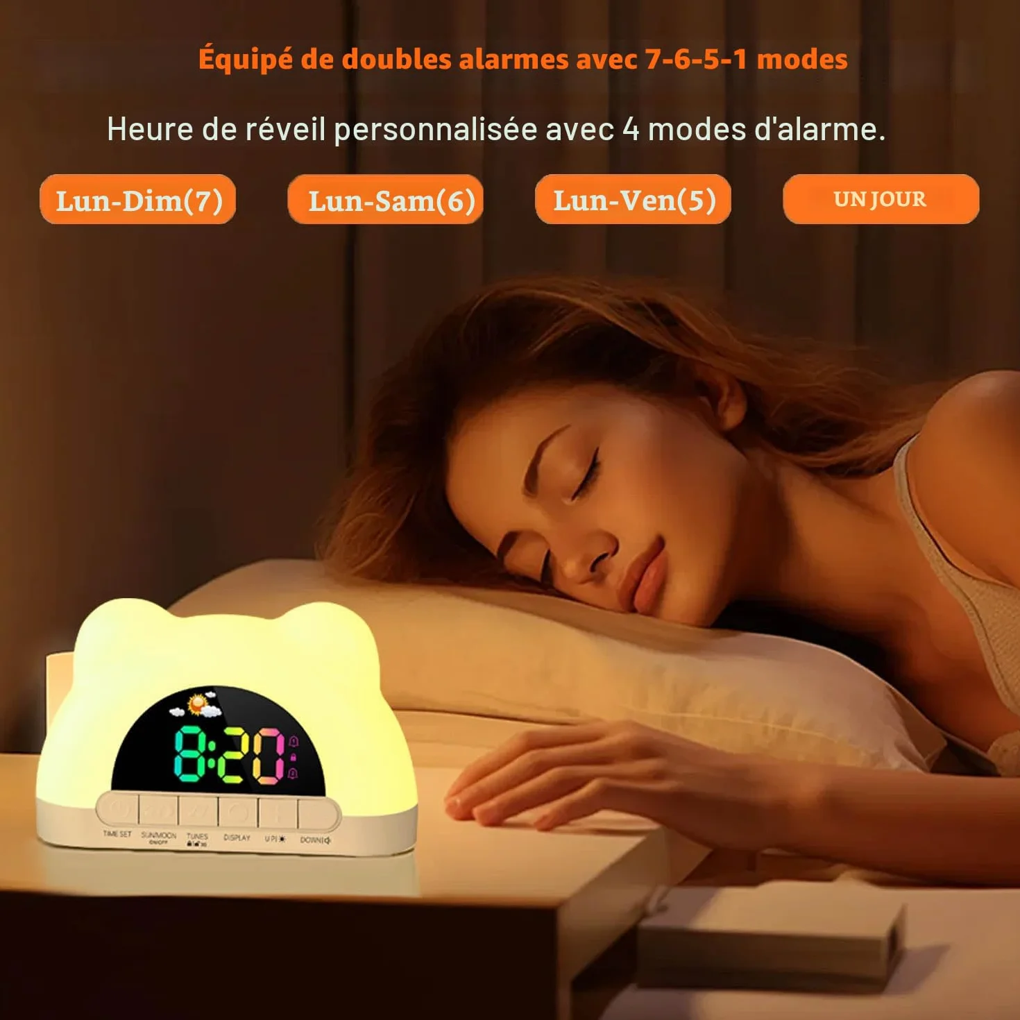 Réveil Numérique Enfant avec Veilleuses RGB, Snooze, Câble USB