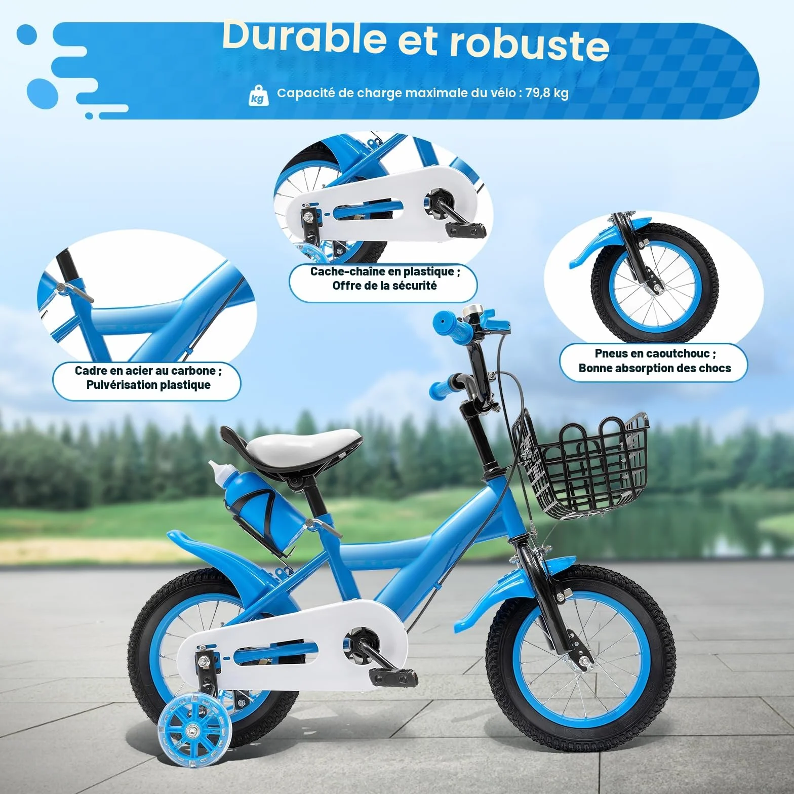 Vélo pour enfant de 12 pouces, avec roues stabilisatrices et panier, pour garçons & filles à partir de 2-4 ans, siège réglable en hauteur, guidon, capacité de charge de 40 kg, cadre robuste en