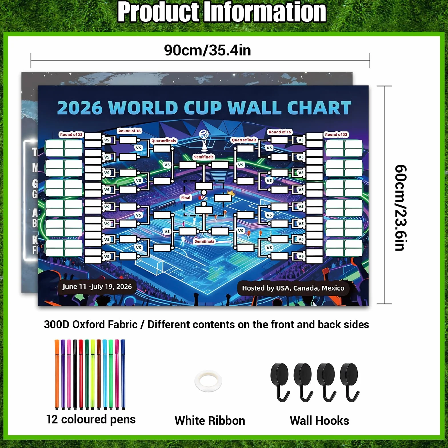 90 * 60cm Poster Coupe du monde de football 2026 Décoration pour fête de la Coupe du Monde Pour Les Fans De Football Et Faire La FêTe Crochets inclus