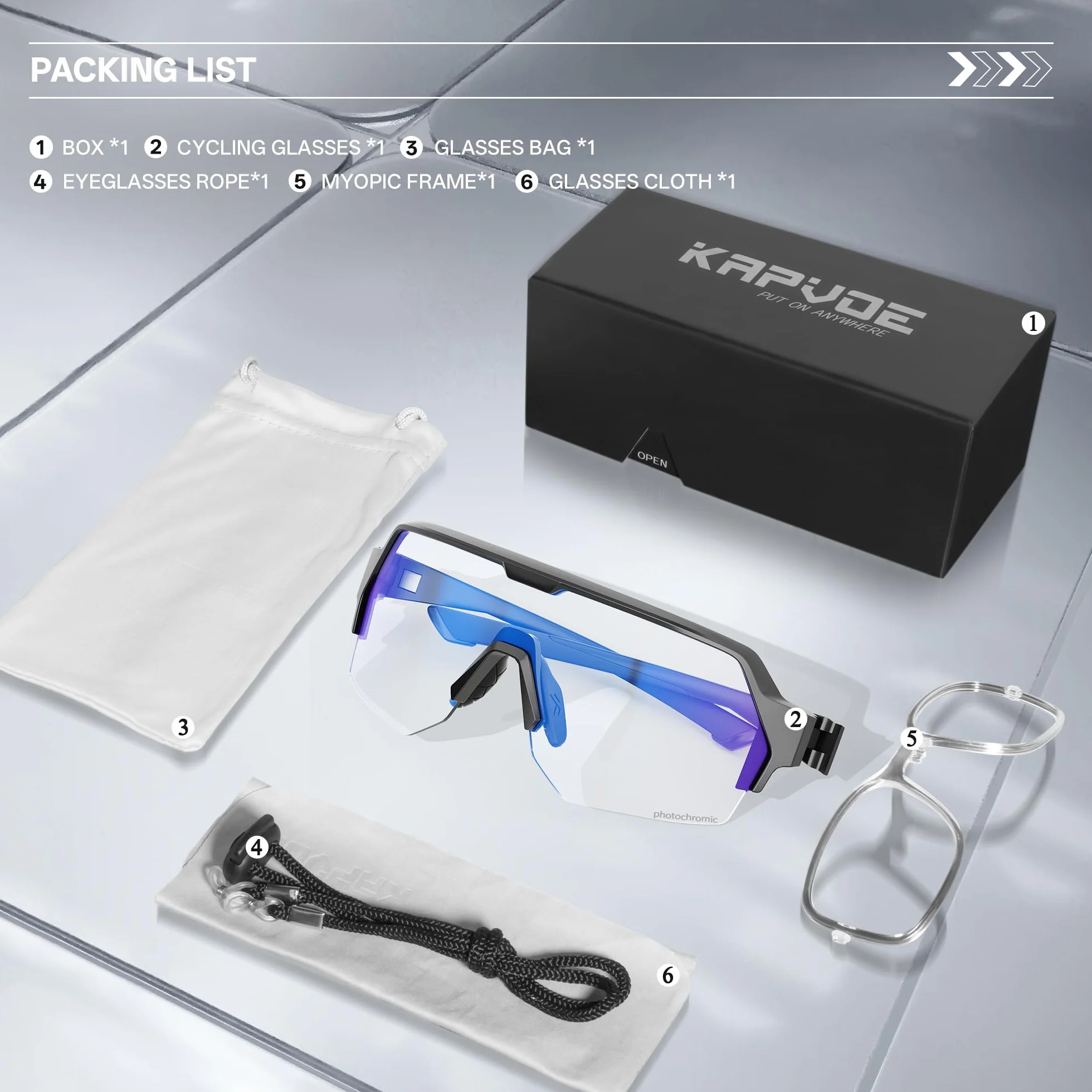 KAPVOE Lunettes Cyclisme Photochromiques Protection UV400 Monture TR90 lunettes de soleil sport Hommes Femme pour VTT Conduite Golf Running K360