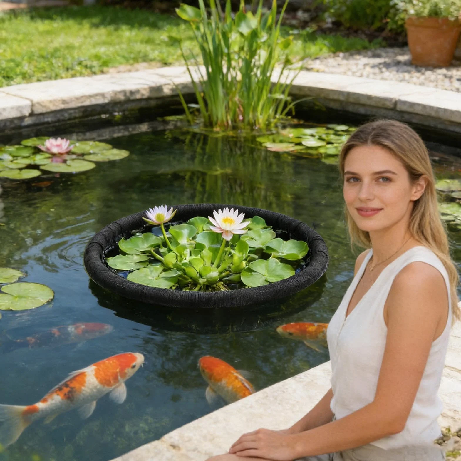 Barrière Flottante Filet de Protection Usine avec Cadre 45CM pour Bassins Extérieurs, Étangs et Jardins