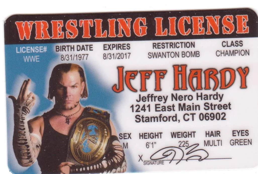 Jeff Hardy Wrestling Permis de conduire fantaisie (HHH) / fausse identification pour la WWF WCW WWE FanF