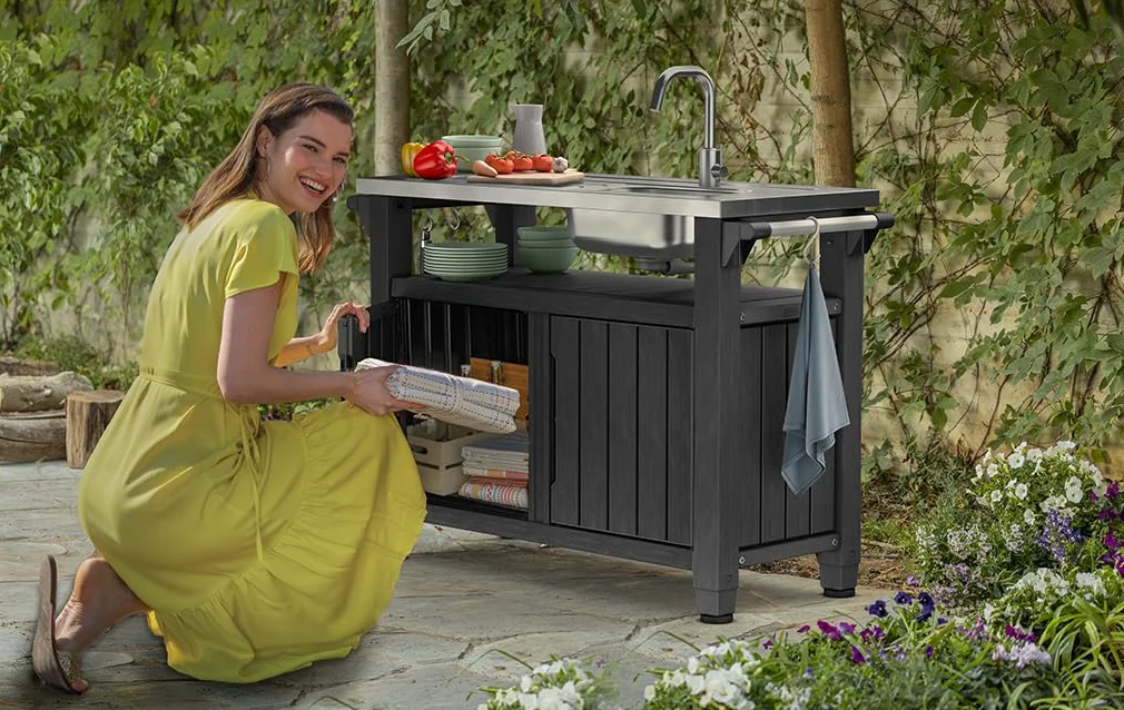 Keter Unity XL Desserte extérieure avec évier 207L résine Effet Bois comptoir Aluminium Graphite 134x52x90 cm