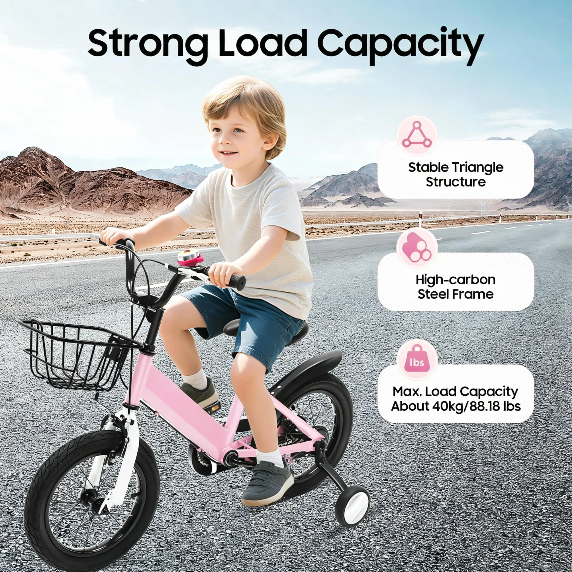 Vélo enfant 14" pour 3 à 5 ans | Roues stabilisatrices, panier et garde-boue avec | Siège réglable en hauteur | Pour filles et garçons | Rose